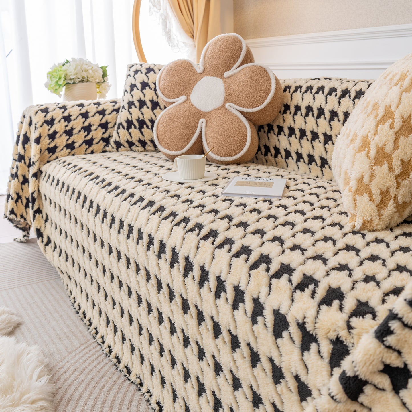 Luxury Plush Universal Couch Cover Blanket, Washable Couch Protector Houndstooth Sofa Covers