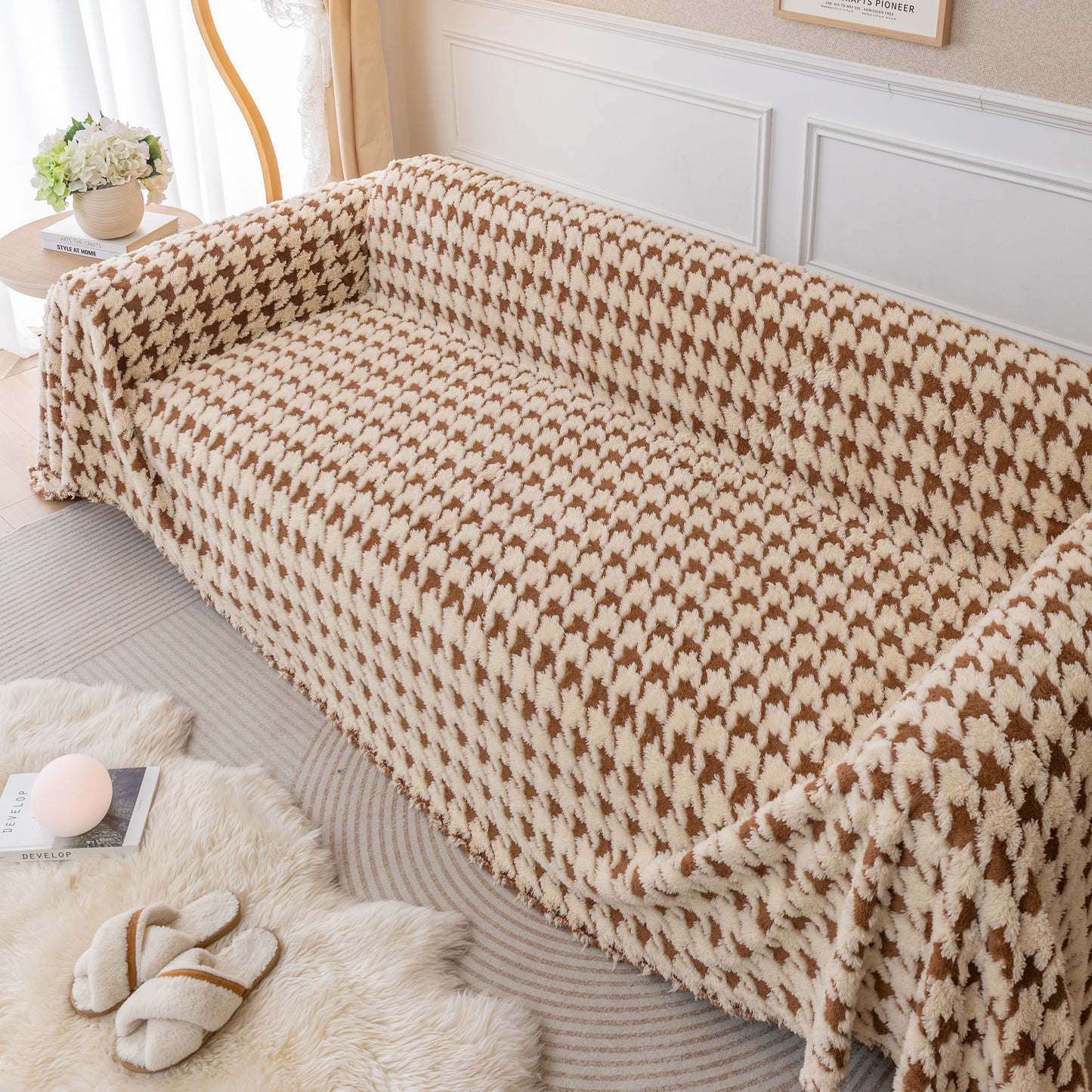 Luxury Plush Universal Couch Cover Blanket, Washable Couch Protector Houndstooth Sofa Covers