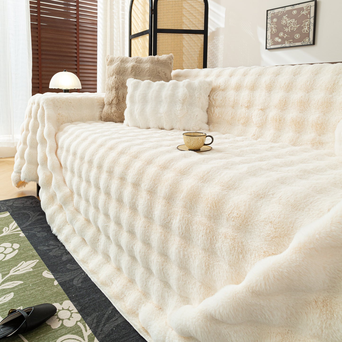 Thick Faux Rabbit Fur Sofa Cover Fluffy Plush Warm Sofa Slipcover Furniture Protector for Couch Bed