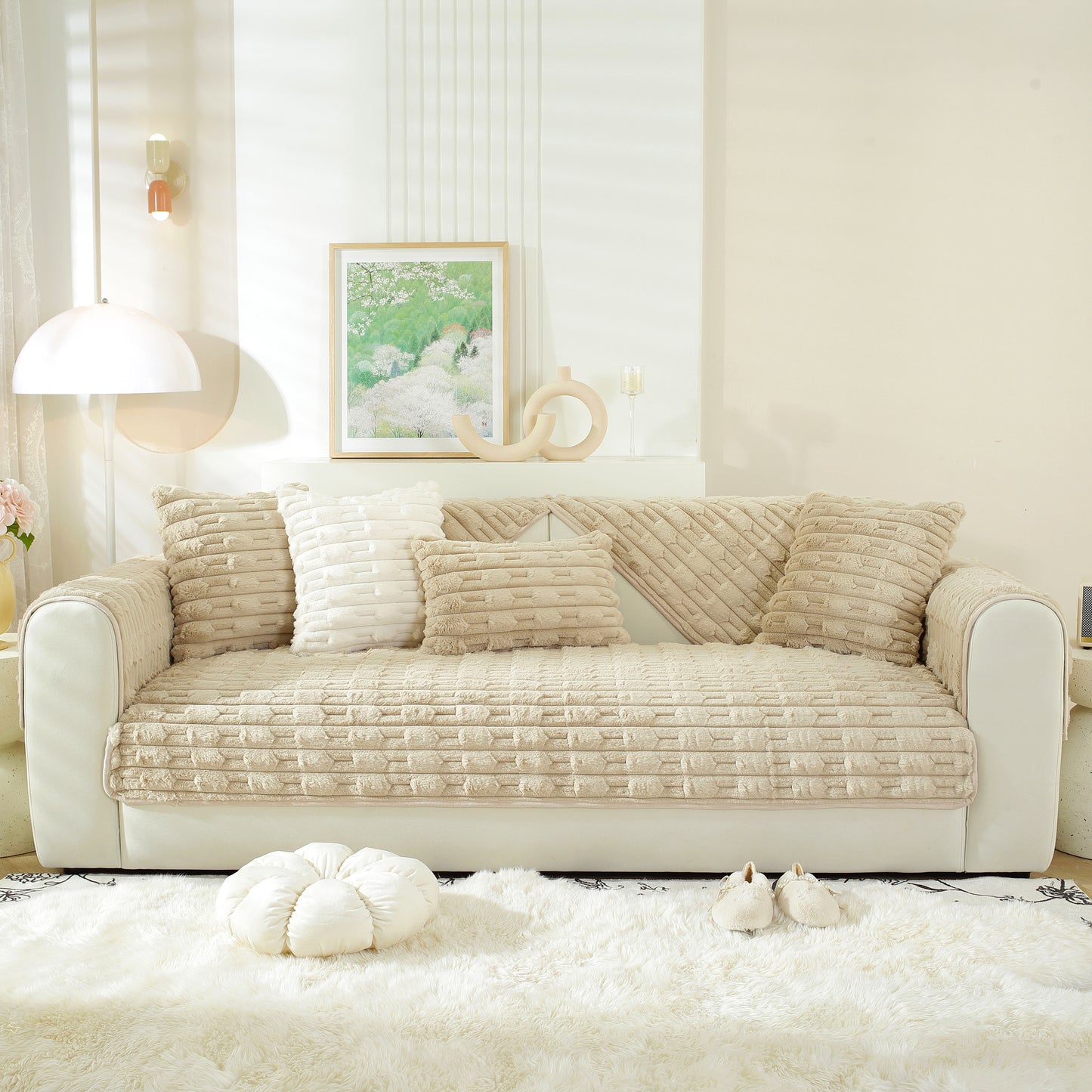 Bamboo-Style Sofa Towel, Faux Rabbit Fur Thickened Non-slip Seat Cushion Covers