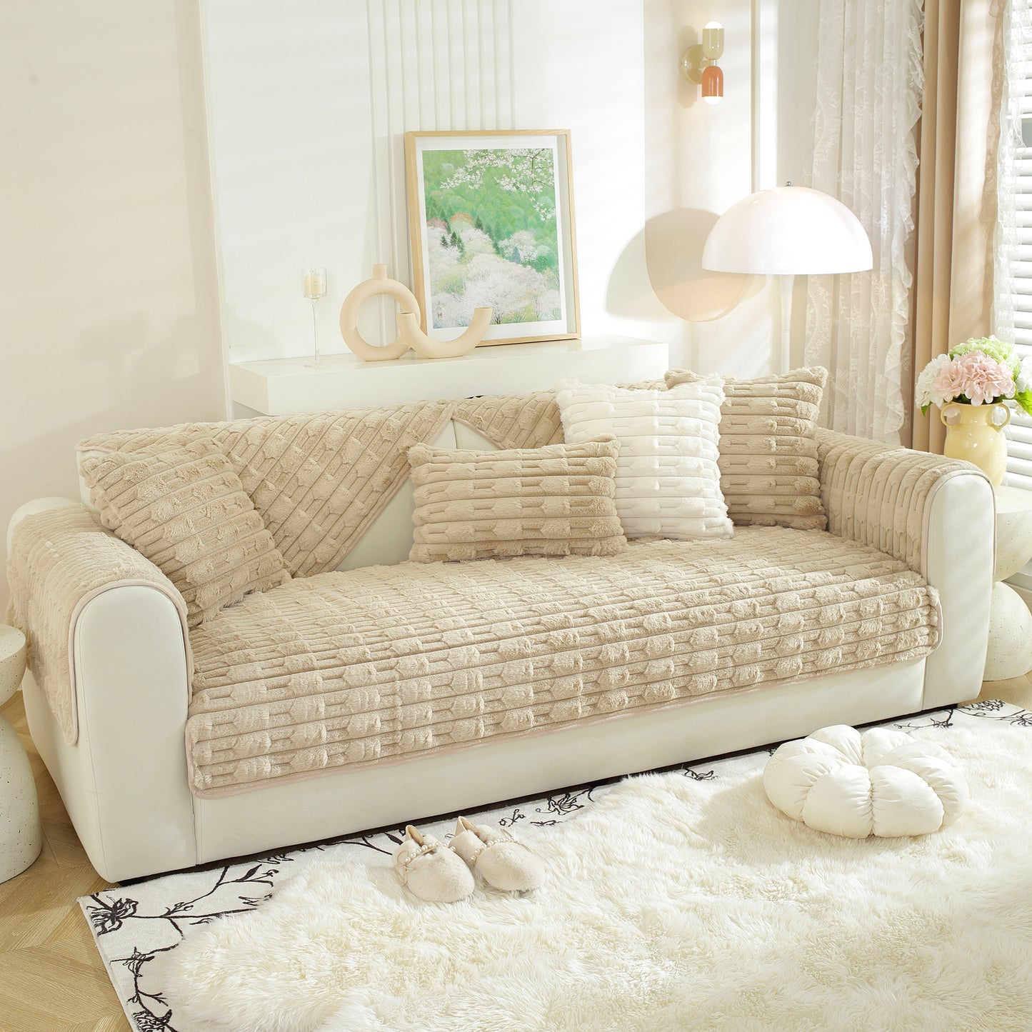 Bamboo-Style Sofa Towel, Faux Rabbit Fur Thickened Non-slip Seat Cushion Covers