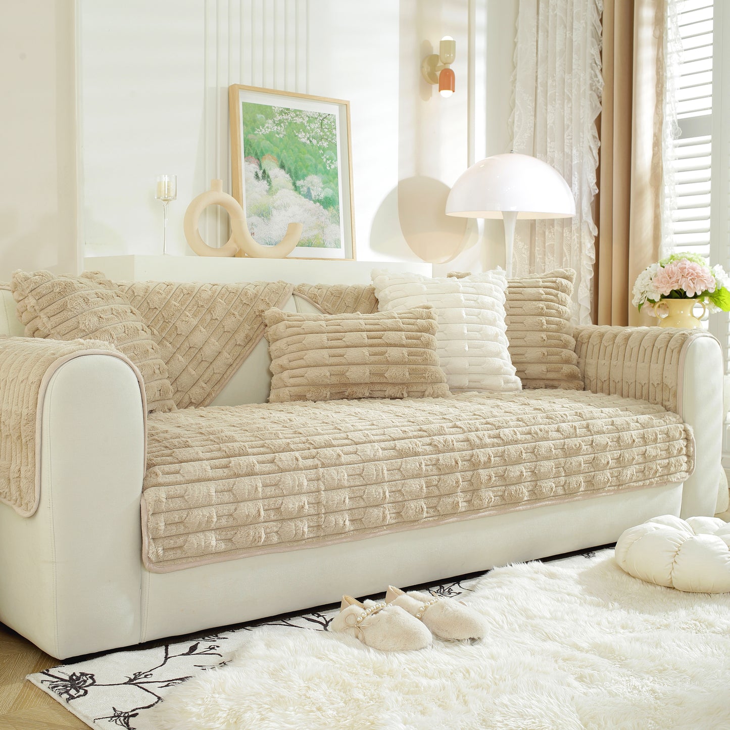 Bamboo-Style Sofa Towel, Faux Rabbit Fur Thickened Non-slip Seat Cushion Covers