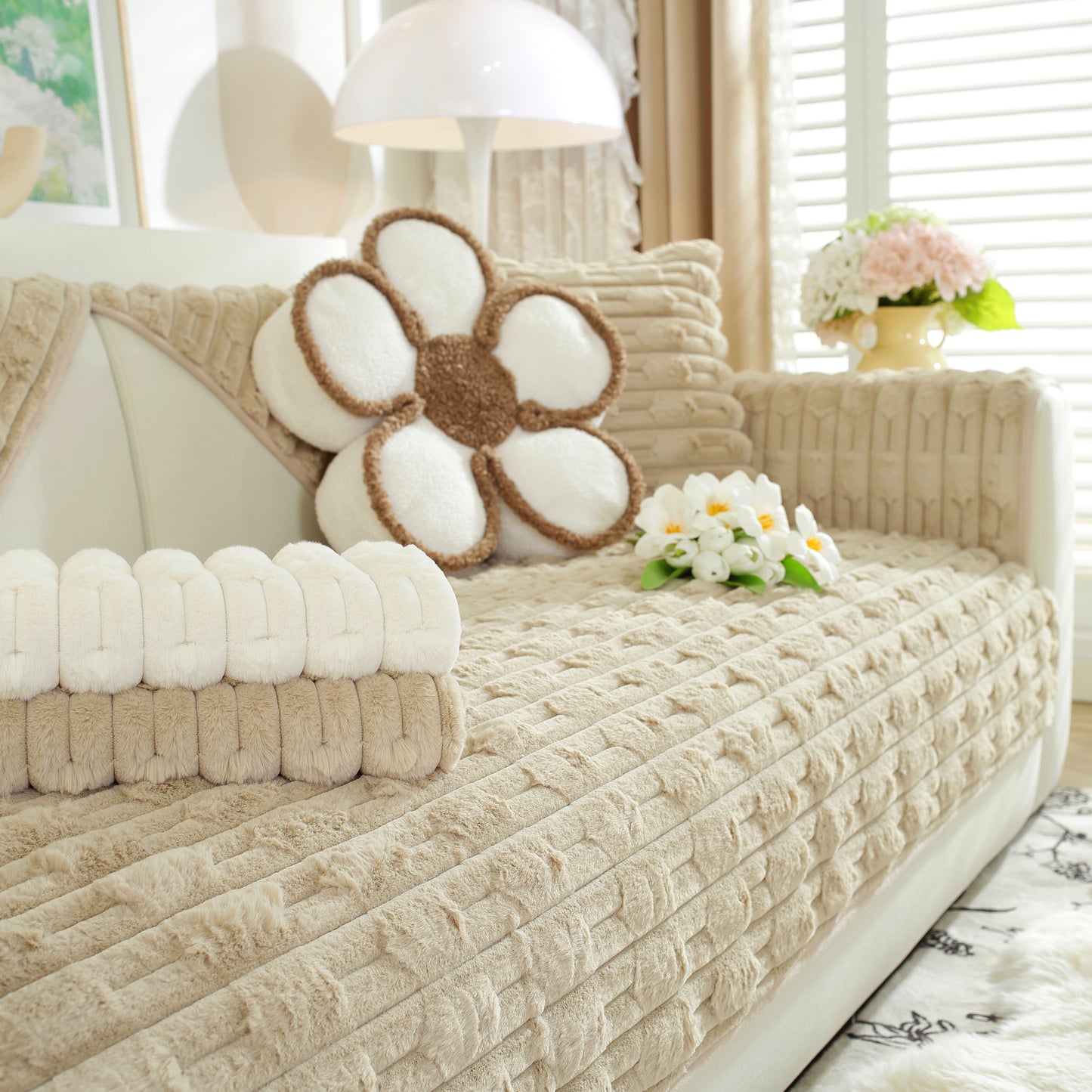 Bamboo-Style Sofa Towel, Faux Rabbit Fur Thickened Non-slip Seat Cushion Covers