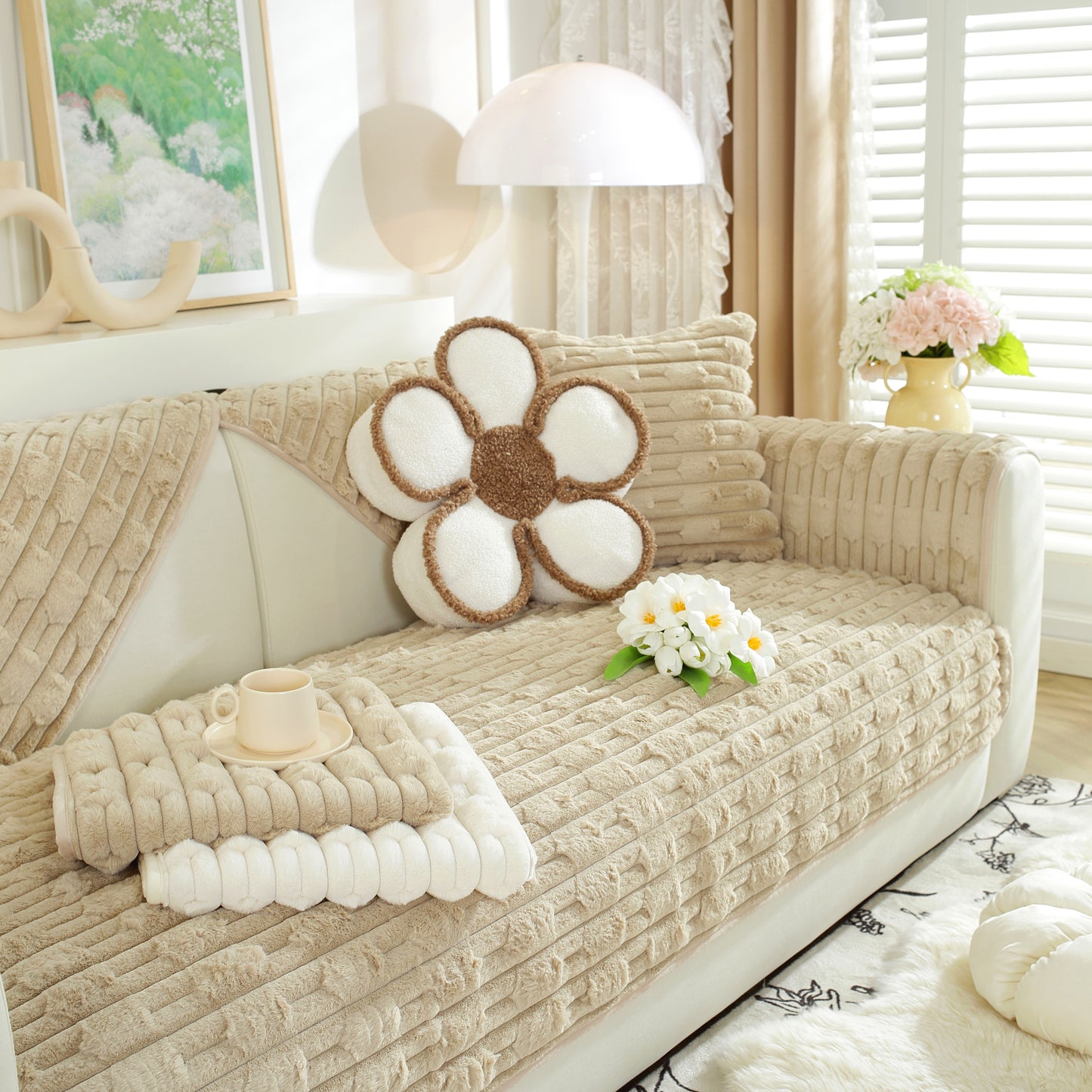 Bamboo-Style Sofa Towel, Faux Rabbit Fur Thickened Non-slip Seat Cushion Covers