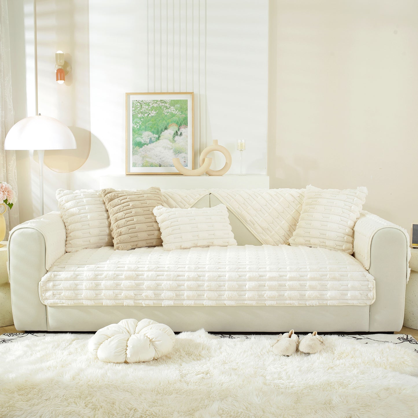 Bamboo-Style Sofa Towel, Faux Rabbit Fur Thickened Non-slip Seat Cushion Covers