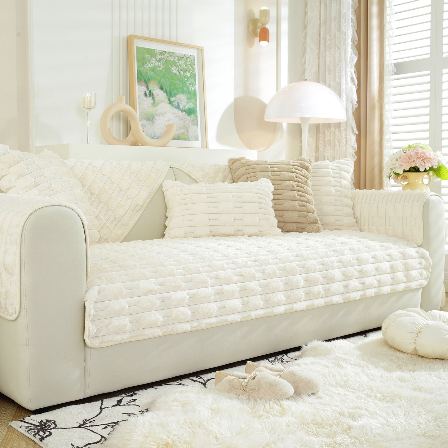 Bamboo-Style Sofa Towel, Faux Rabbit Fur Thickened Non-slip Seat Cushion Covers