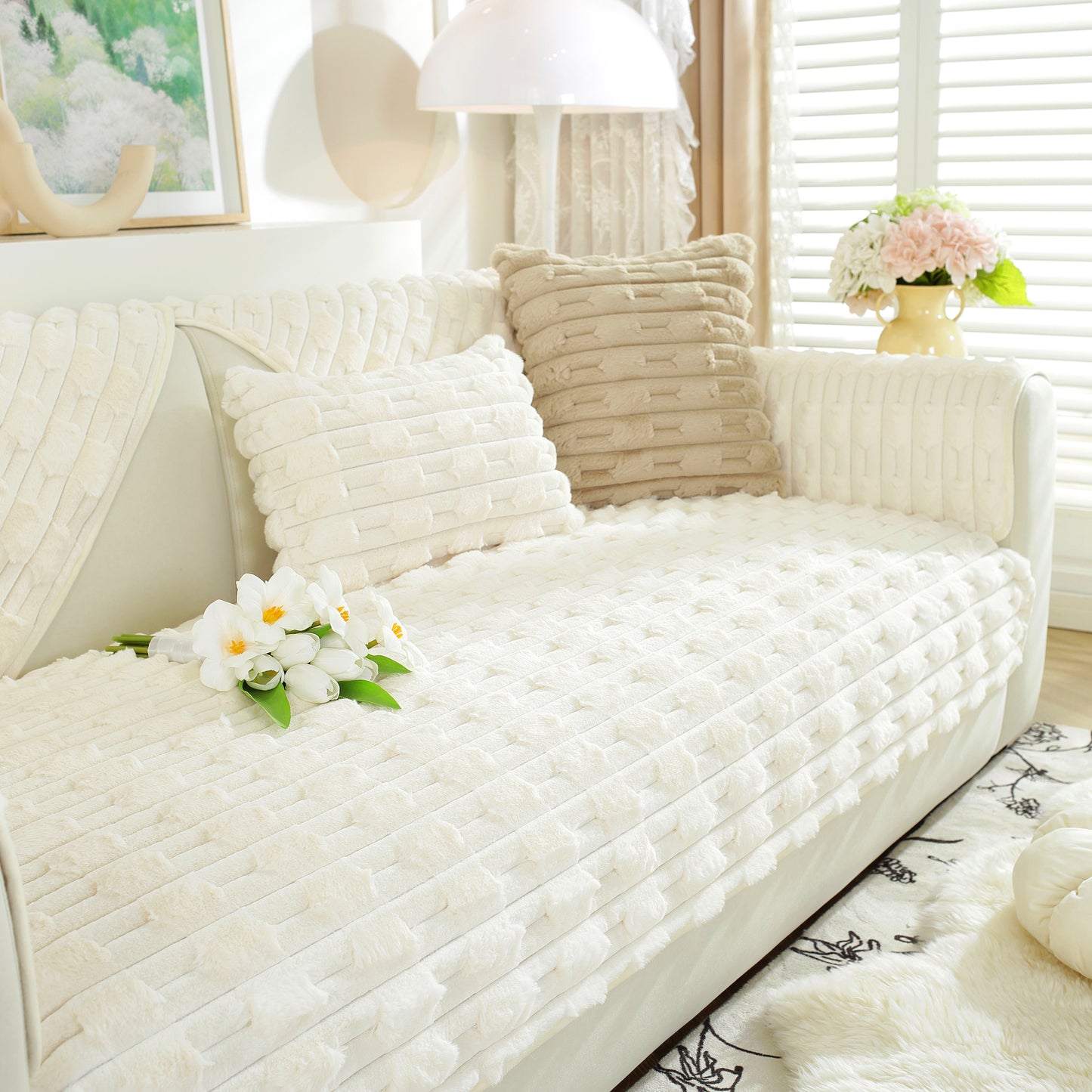 Bamboo-Style Sofa Towel, Faux Rabbit Fur Thickened Non-slip Seat Cushion Covers