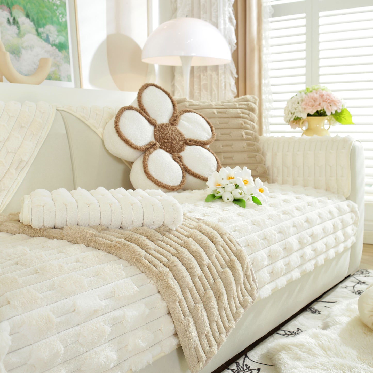 Bamboo-Style Sofa Towel, Faux Rabbit Fur Thickened Non-slip Seat Cushion Covers