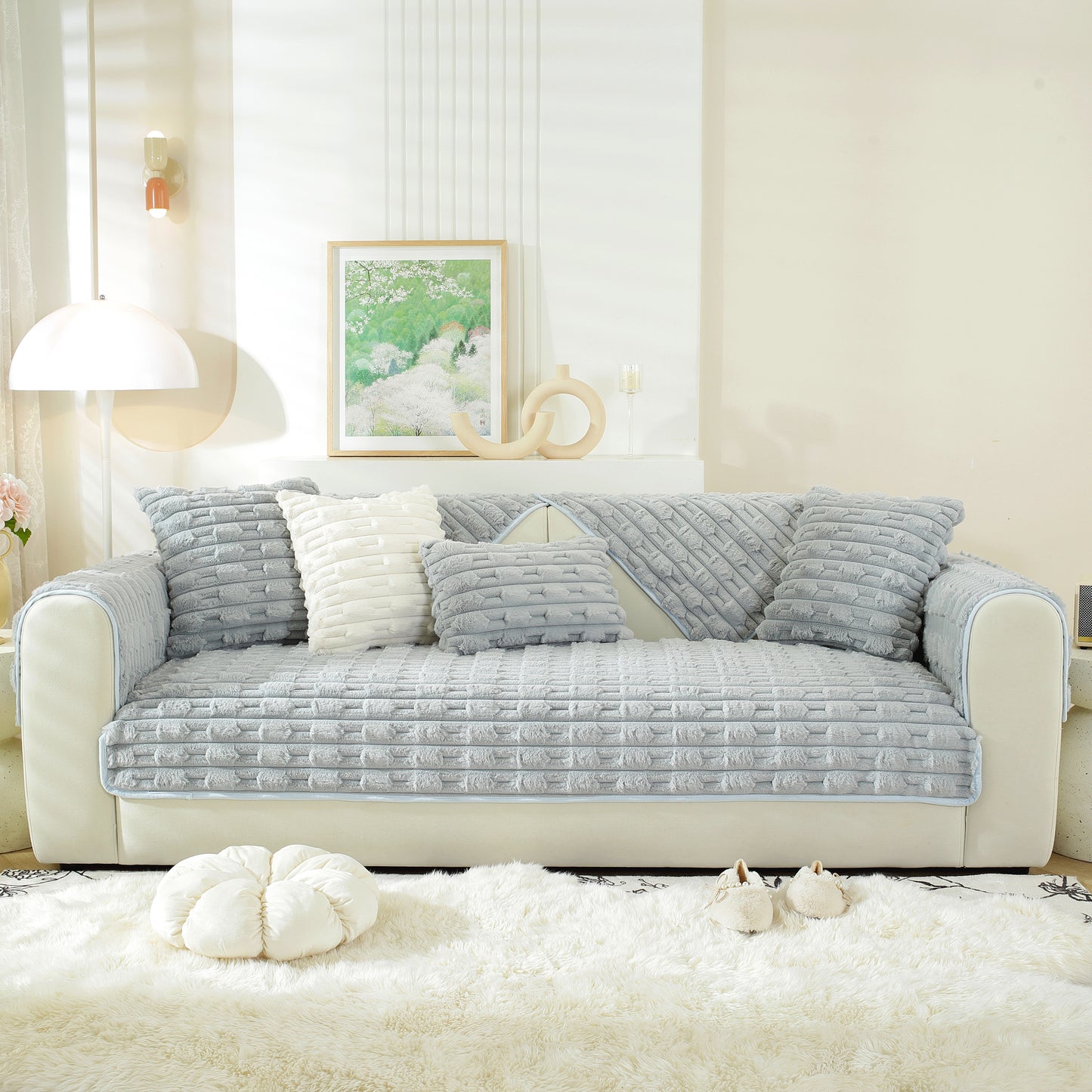 Bamboo-Style Sofa Towel, Faux Rabbit Fur Thickened Non-slip Seat Cushion Covers