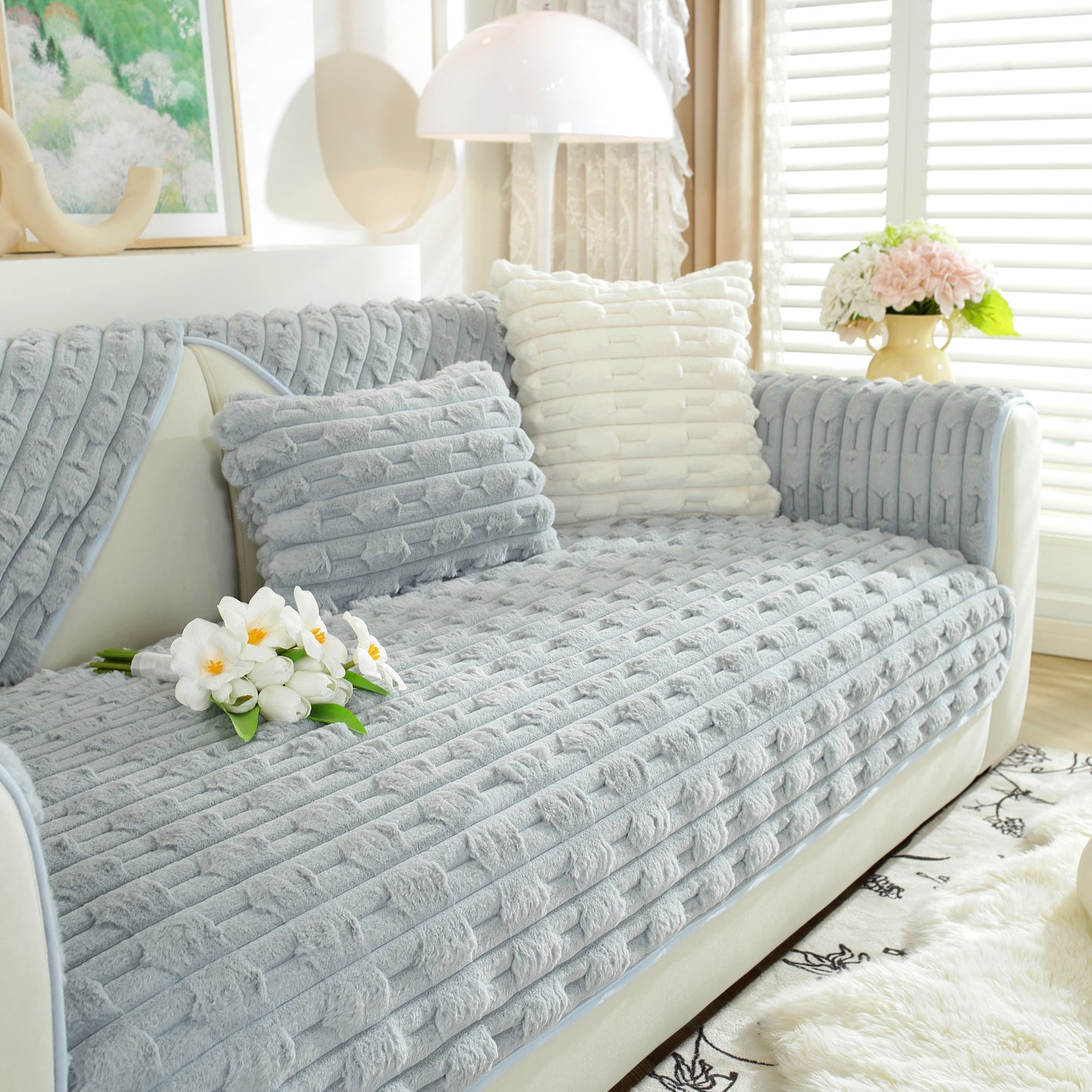 Bamboo-Style Sofa Towel, Faux Rabbit Fur Thickened Non-slip Seat Cushion Covers