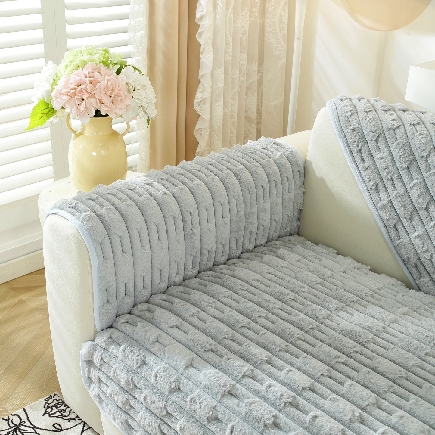 Bamboo-Style Sofa Towel, Faux Rabbit Fur Thickened Non-slip Seat Cushion Covers