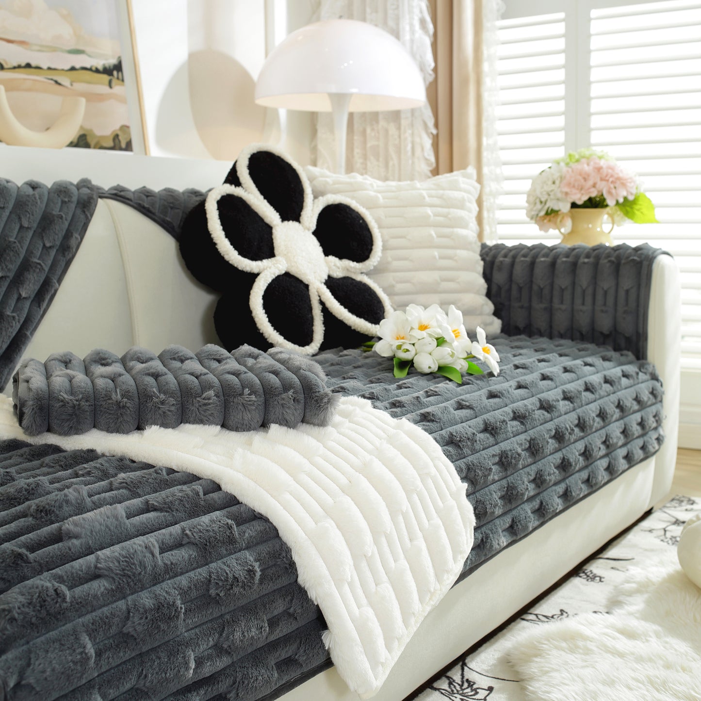 Bamboo-Style Sofa Towel, Faux Rabbit Fur Thickened Non-slip Seat Cushion Covers