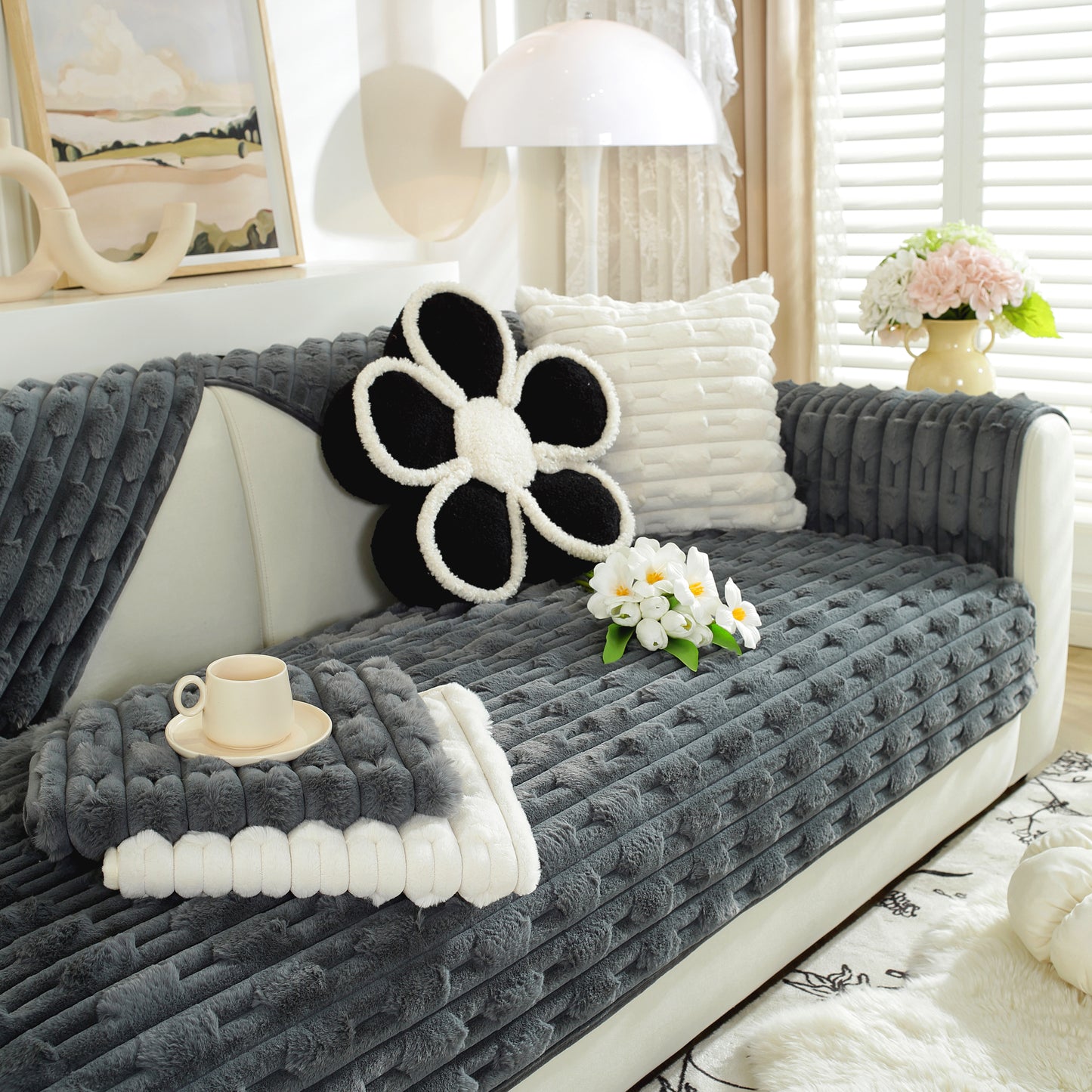 Bamboo-Style Sofa Towel, Faux Rabbit Fur Thickened Non-slip Seat Cushion Covers