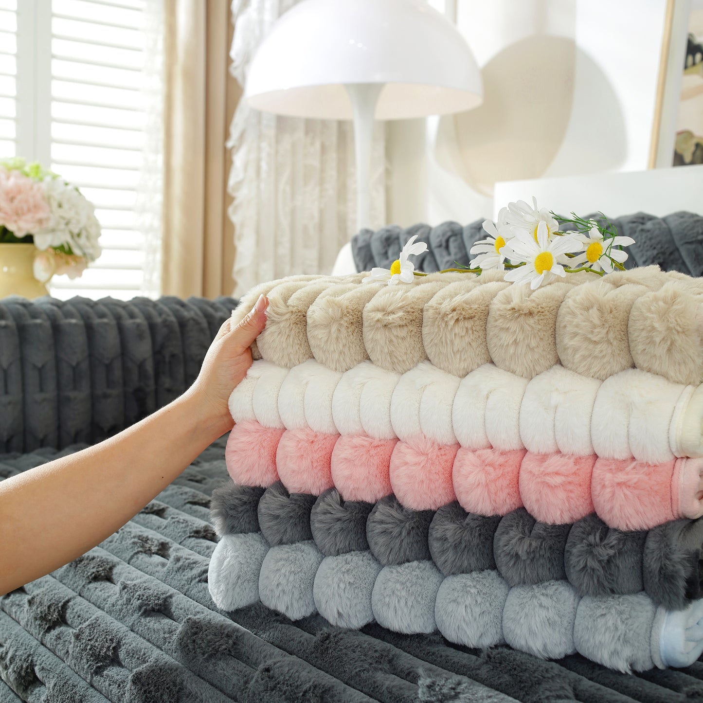 Bamboo-Style Sofa Towel, Faux Rabbit Fur Thickened Non-slip Seat Cushion Covers