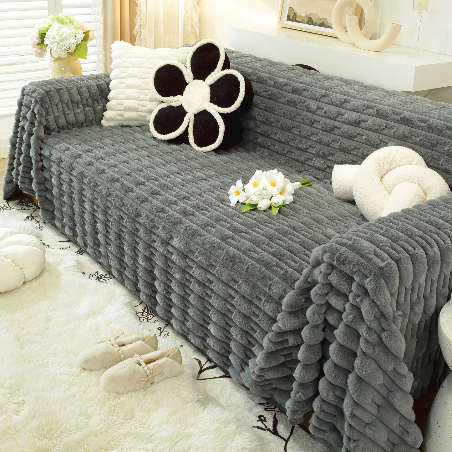 Fuzzy Fluffy Cozy Sofa Cover Blanket for Pets, Kids, Luxury Faux Fur Couch Cover Throw for Sofas