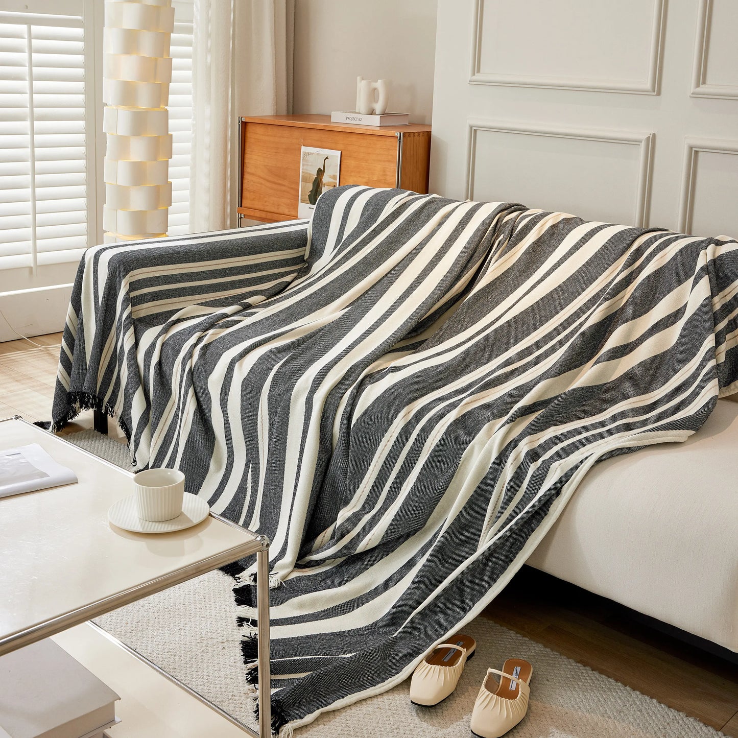 Chenille Vertical Stripe Jacquard Throw Sofa Cover, Soft Thick Machine Washable Couch Cover Blanket