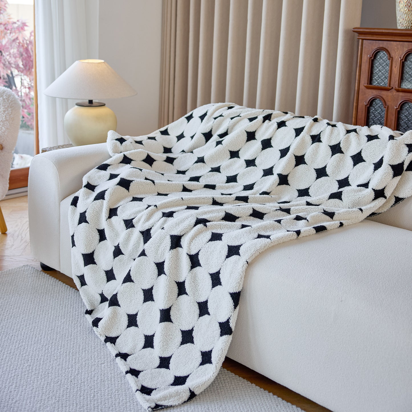 Geometric Jacquard Plush Warm Sofa Couch Cover Coral Fleece Throw Blanket for Couch