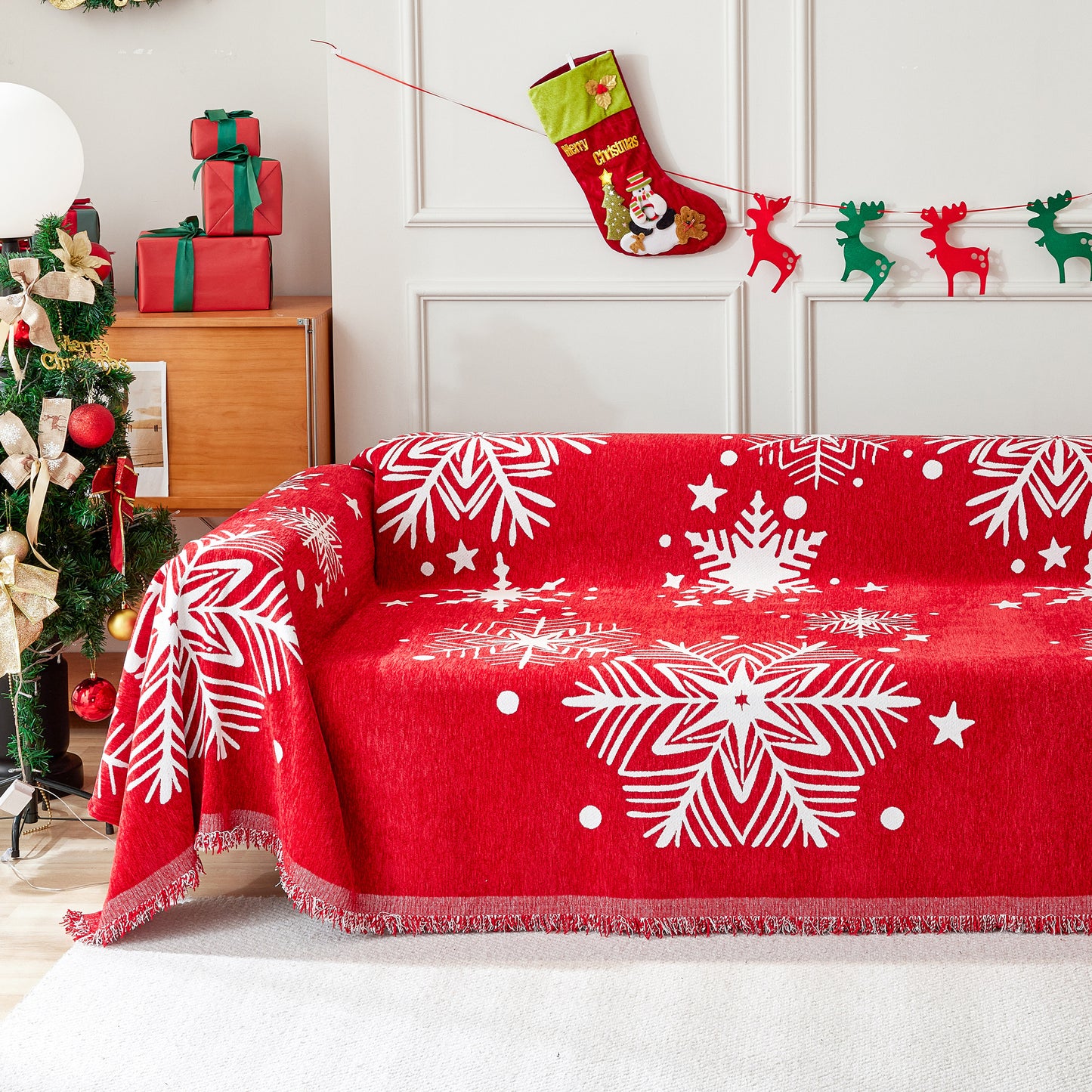 Merry Christmas Cozy Chenille Couch Cover Blanket, Non Slip Sofa Cover, Furniture Covers for Pets