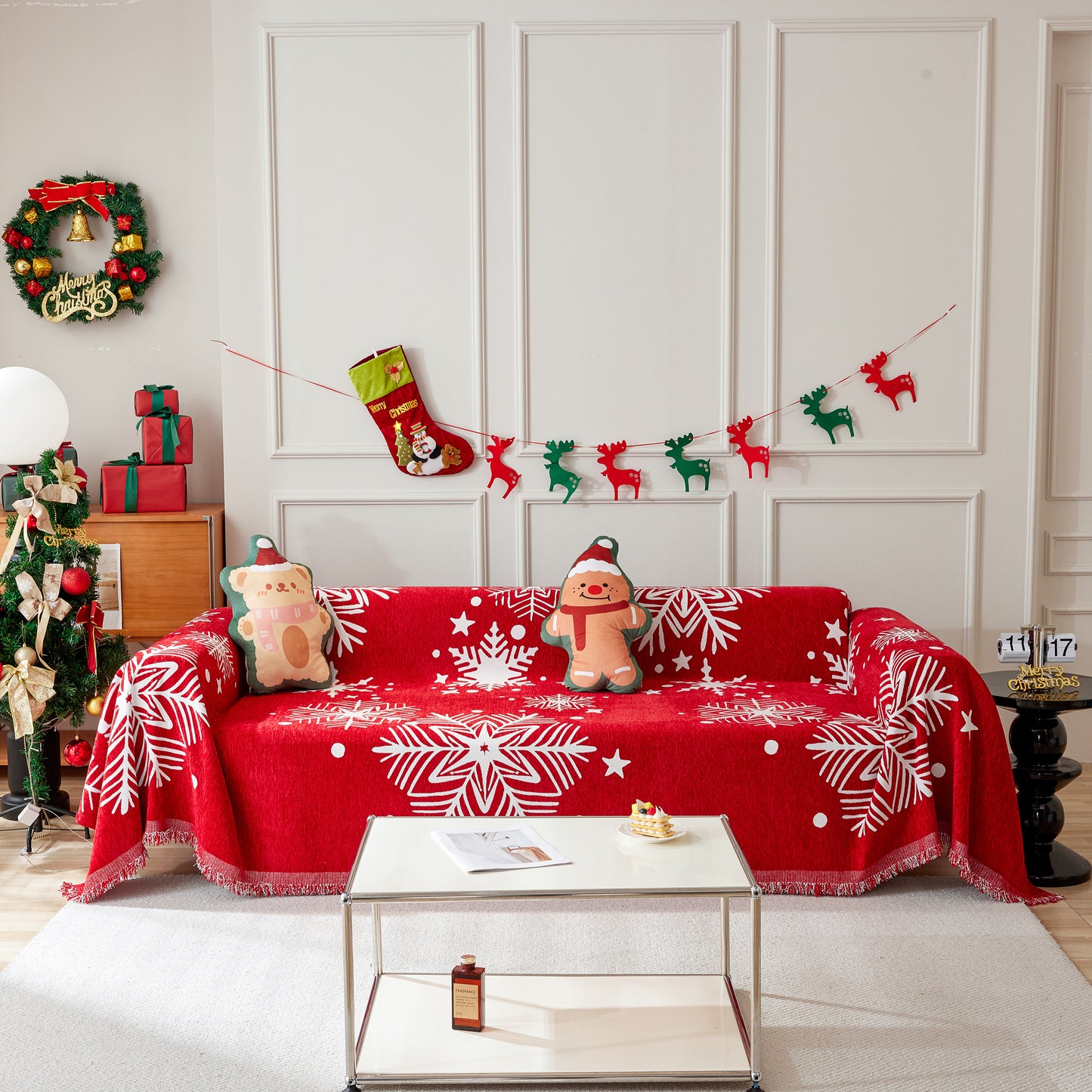 Merry Christmas Cozy Chenille Couch Cover Blanket, Non Slip Sofa Cover, Furniture Covers for Pets