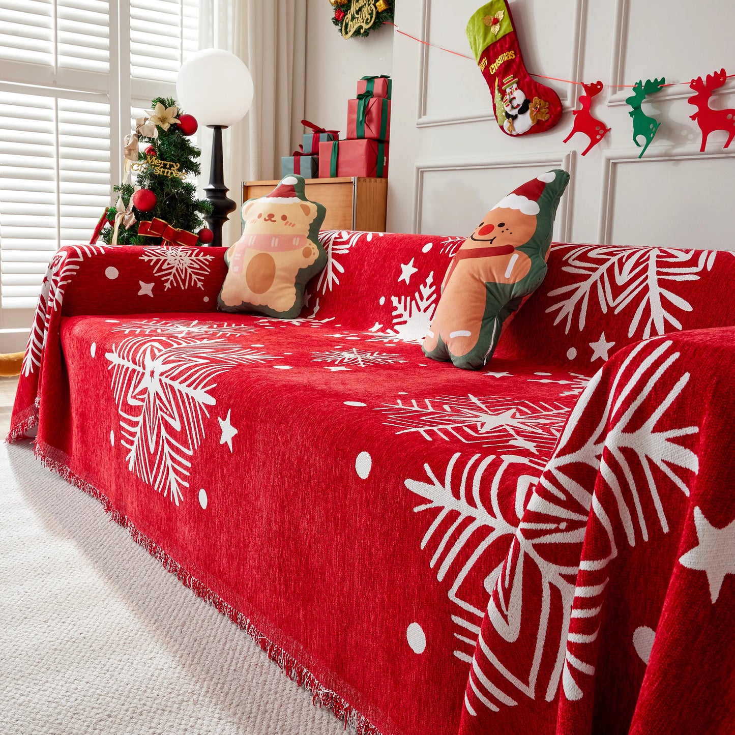 Merry Christmas Cozy Chenille Couch Cover Blanket, Non Slip Sofa Cover, Furniture Covers for Pets