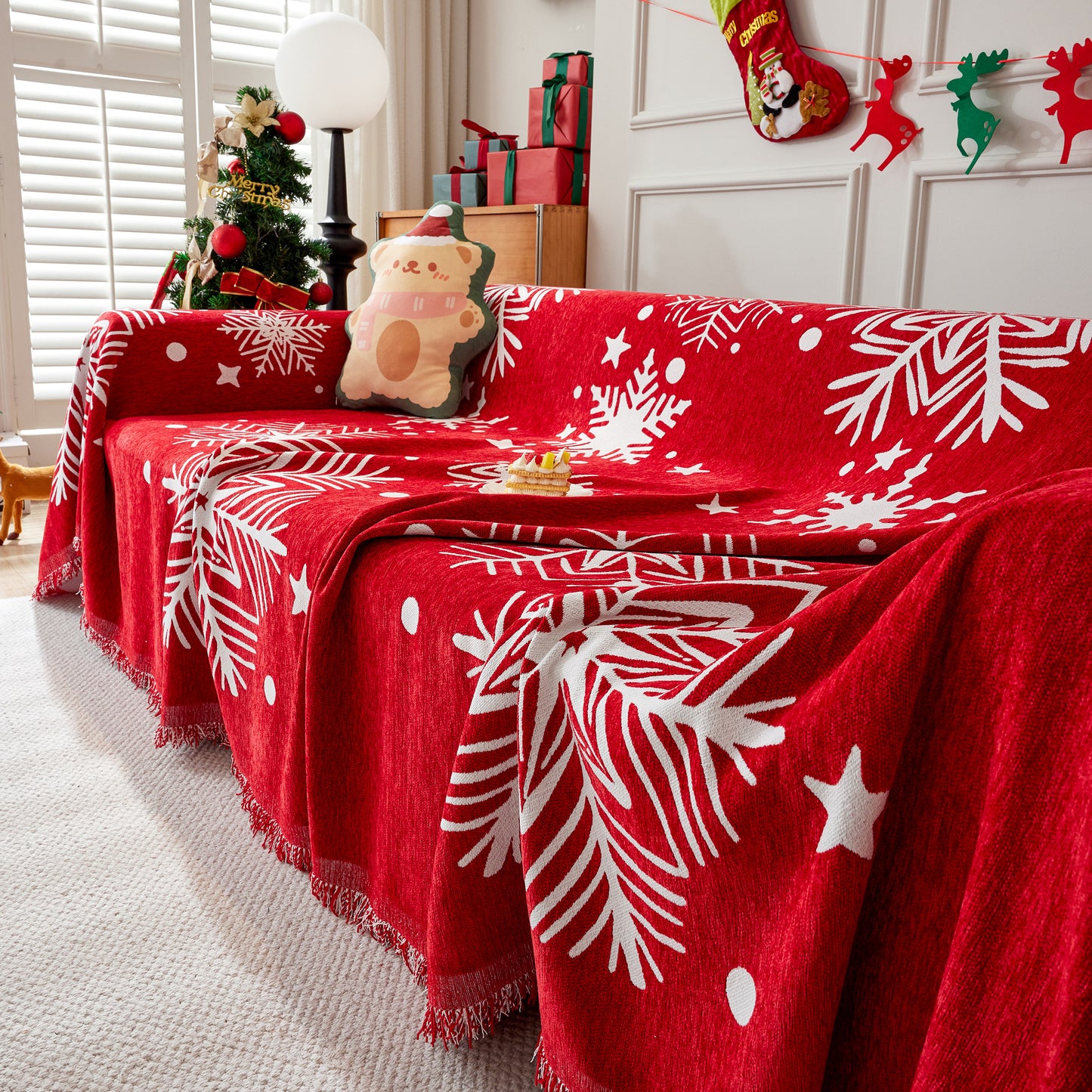 Merry Christmas Cozy Chenille Couch Cover Blanket, Non Slip Sofa Cover, Furniture Covers for Pets