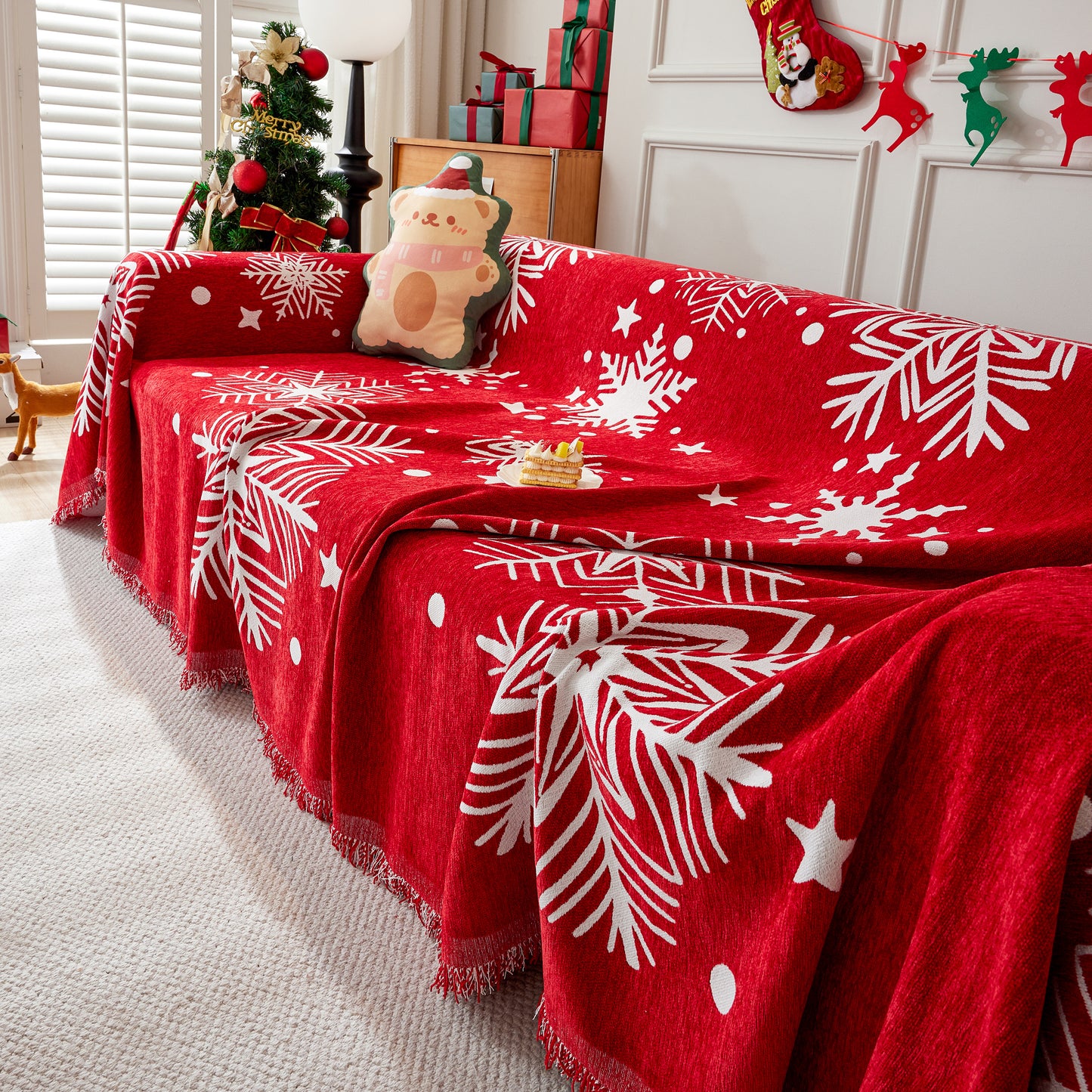 Merry Christmas Cozy Chenille Couch Cover Blanket, Non Slip Sofa Cover, Furniture Covers for Pets