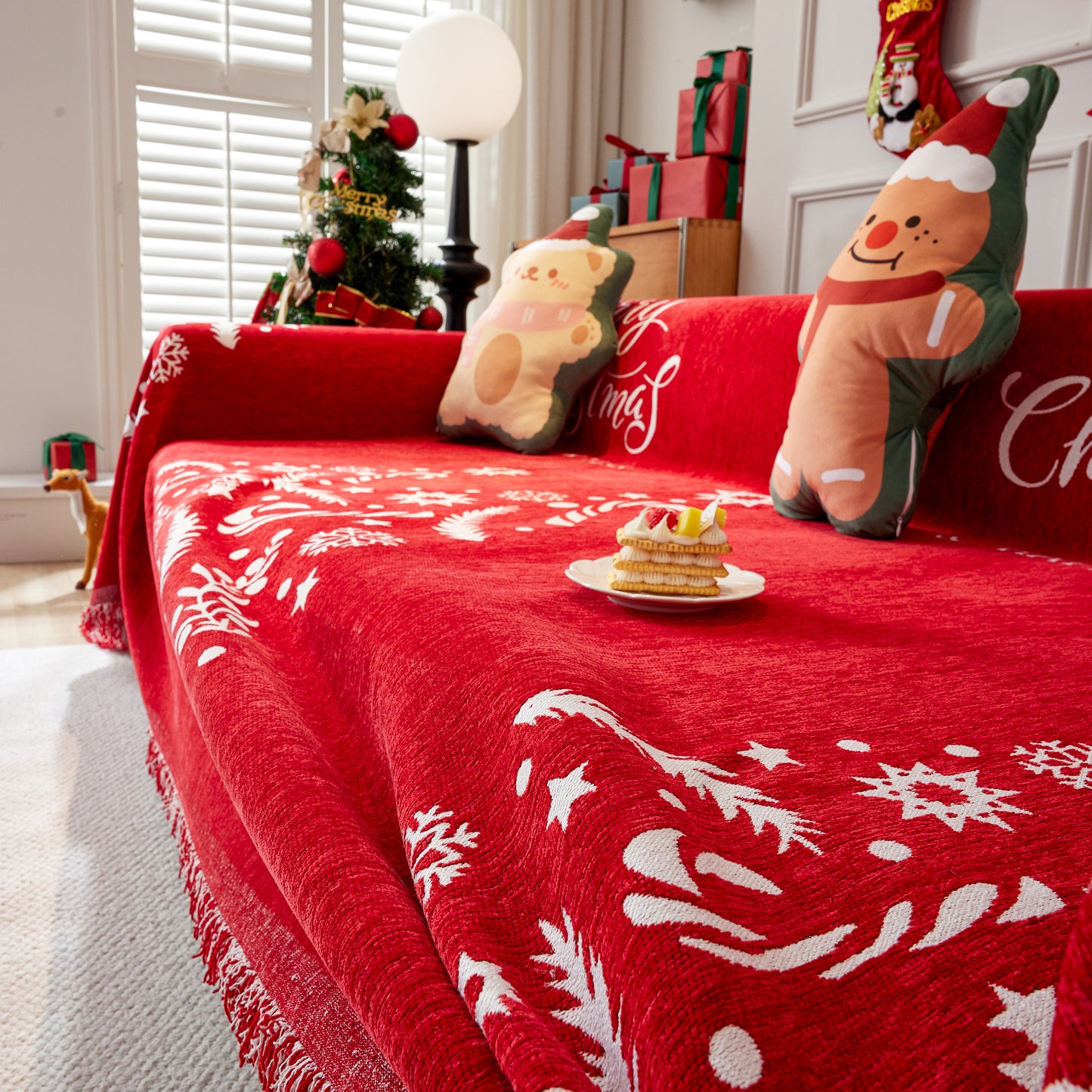 Merry Christmas Cozy Chenille Couch Cover Blanket, Non Slip Sofa Cover, Furniture Covers for Pets