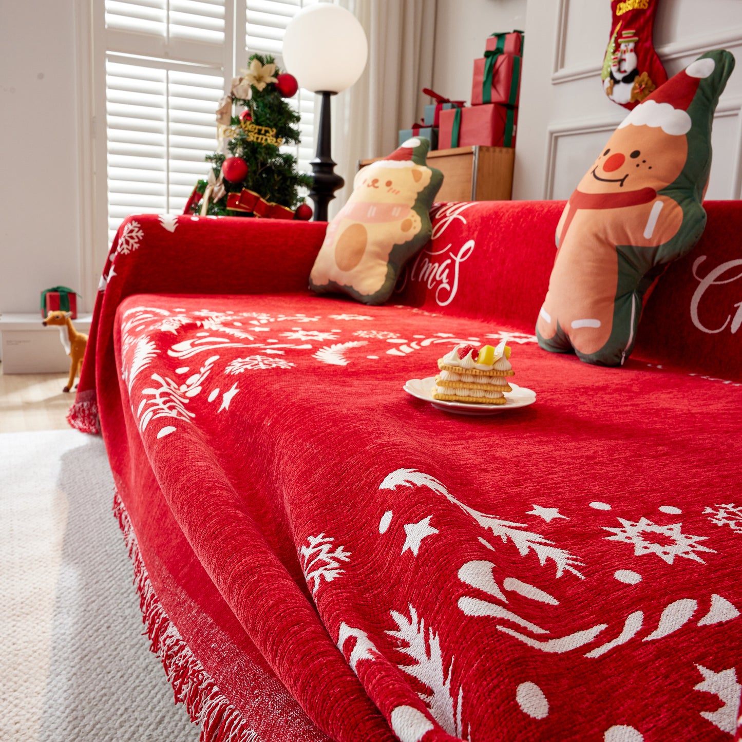 Merry Christmas Cozy Chenille Couch Cover Blanket, Non Slip Sofa Cover, Furniture Covers for Pets