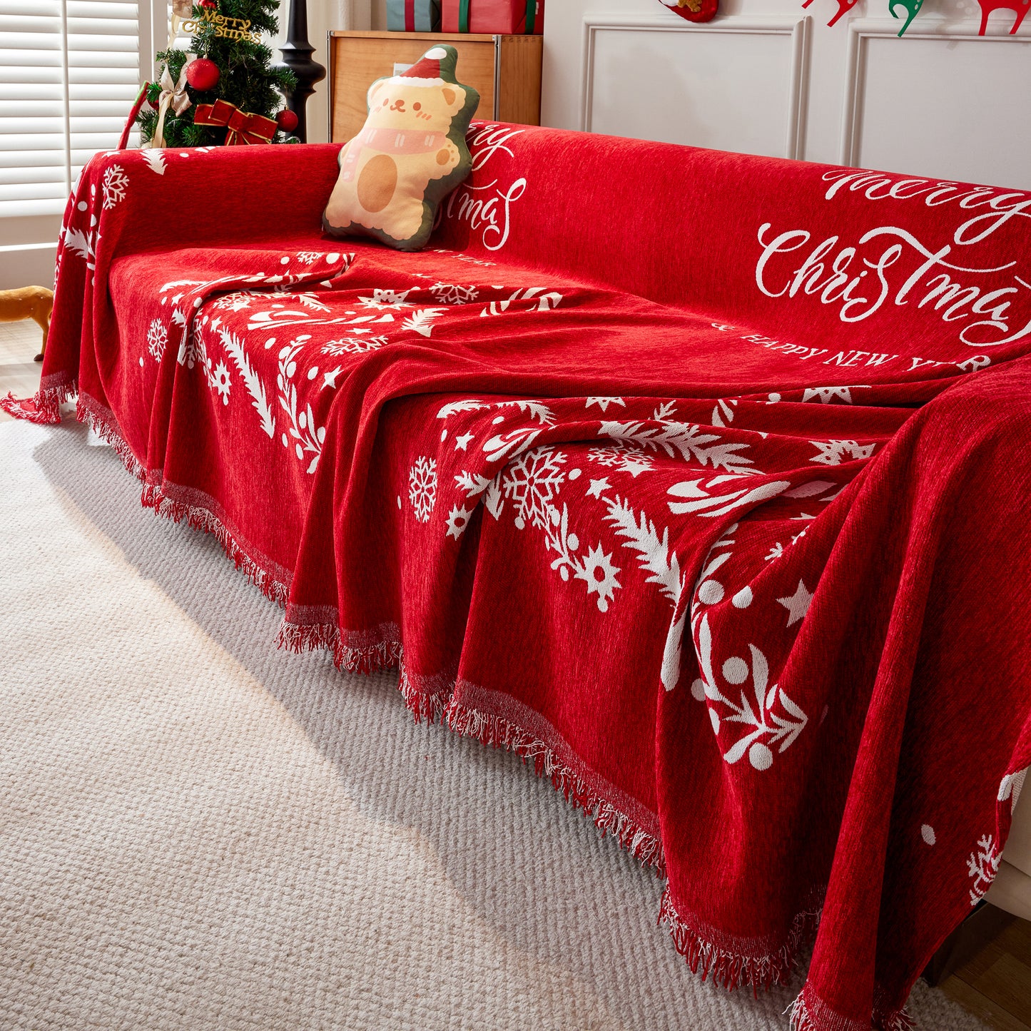 Merry Christmas Cozy Chenille Couch Cover Blanket, Non Slip Sofa Cover, Furniture Covers for Pets