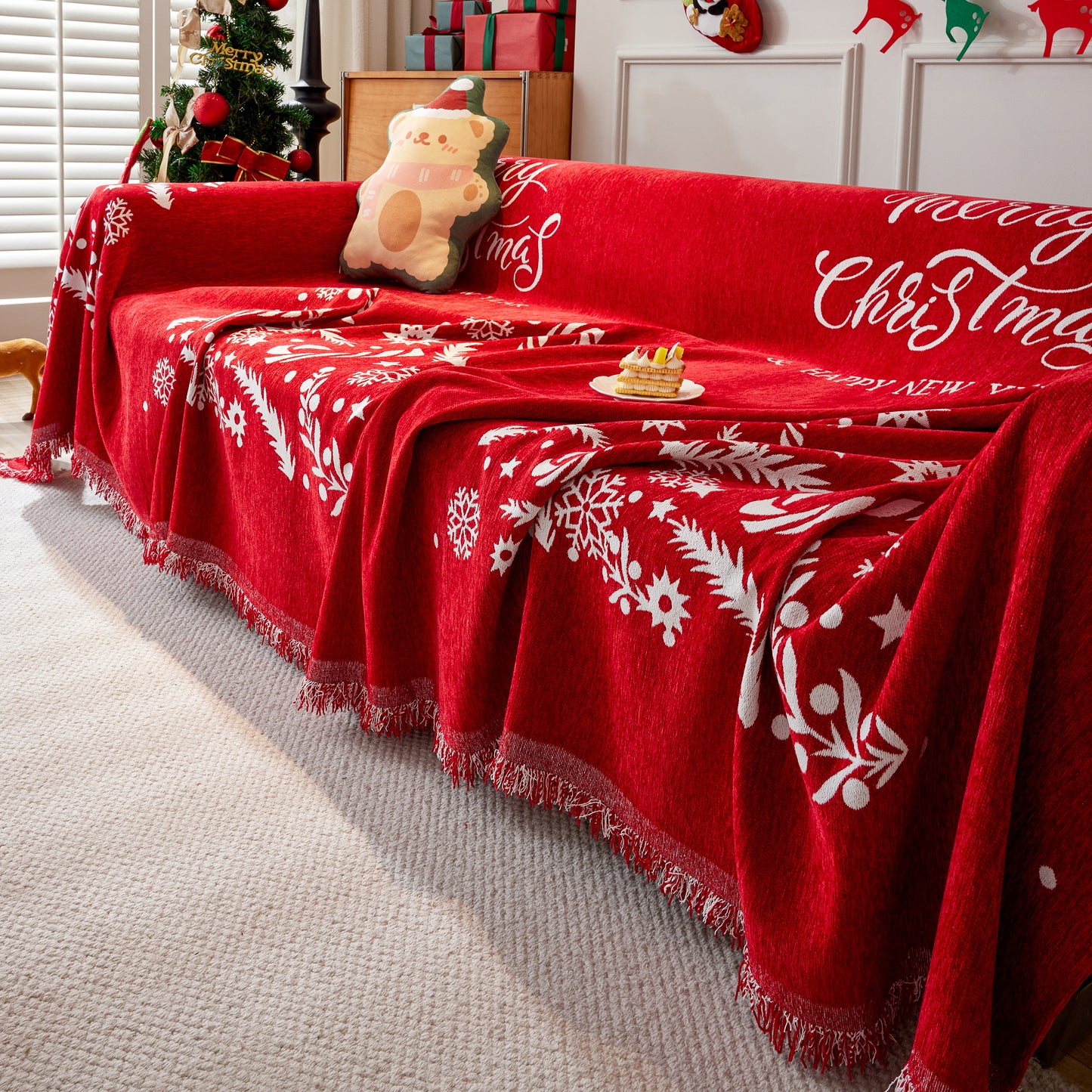 Merry Christmas Cozy Chenille Couch Cover Blanket, Non Slip Sofa Cover, Furniture Covers for Pets