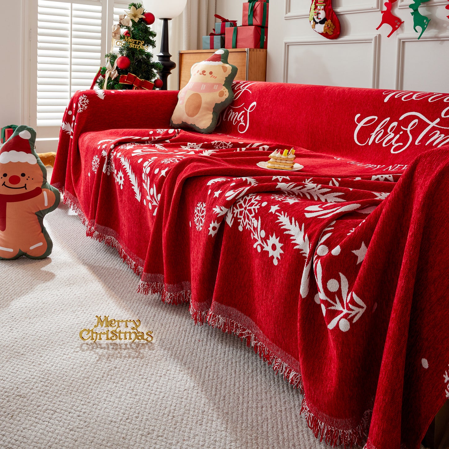 Merry Christmas Cozy Chenille Couch Cover Blanket, Non Slip Sofa Cover, Furniture Covers for Pets