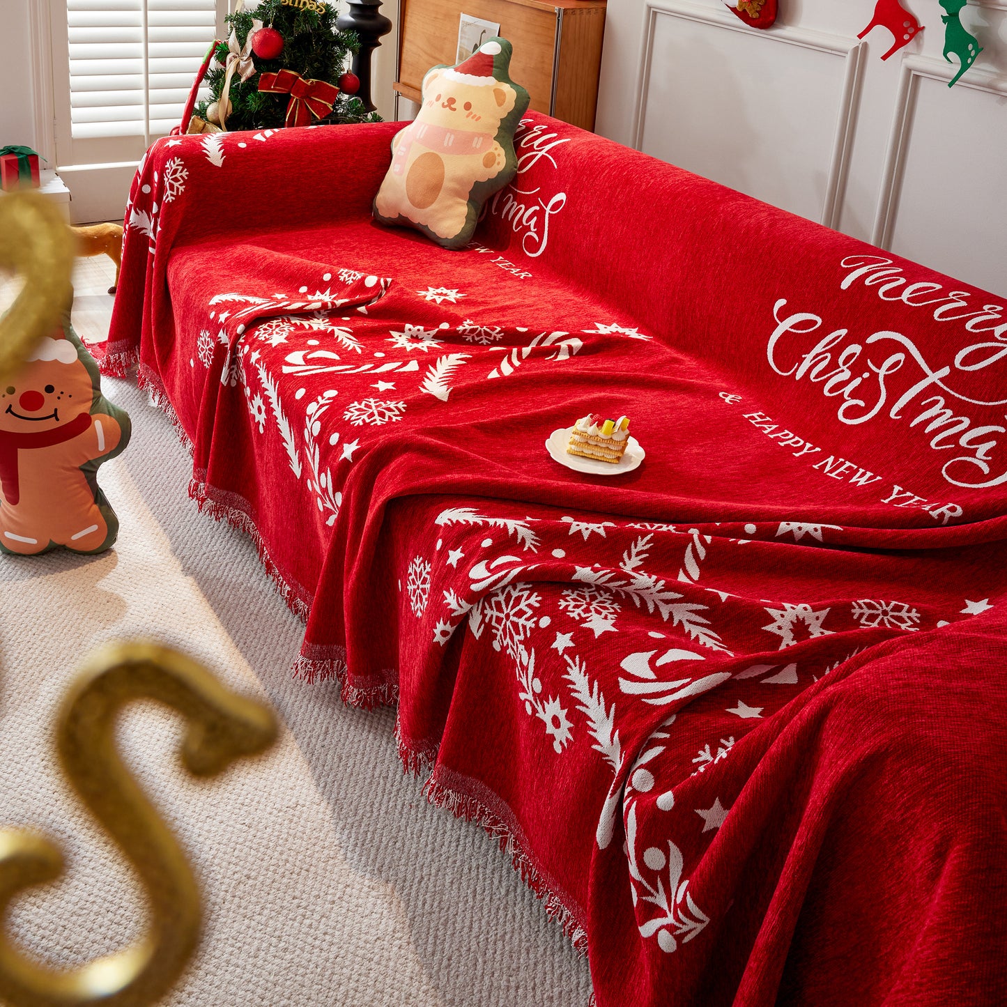 Merry Christmas Cozy Chenille Couch Cover Blanket, Non Slip Sofa Cover, Furniture Covers for Pets