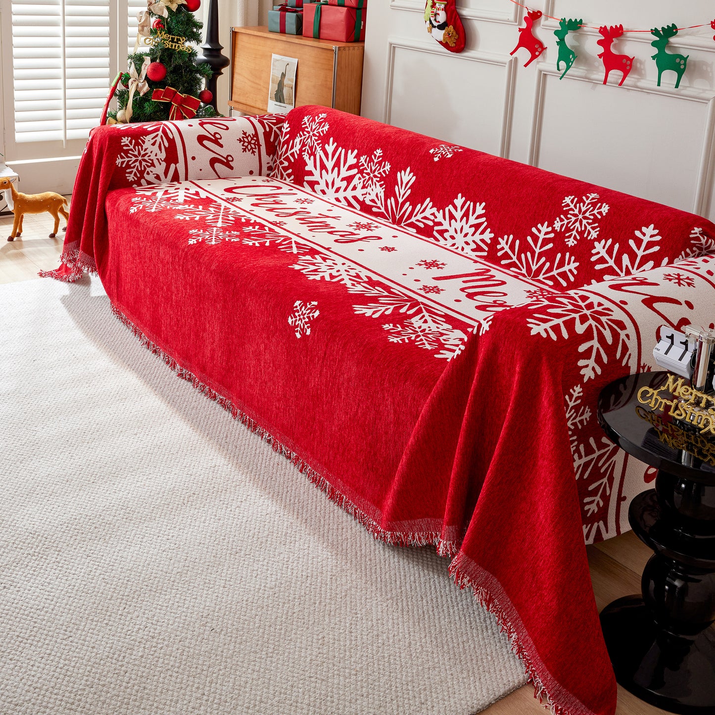 Merry Christmas Cozy Chenille Couch Cover Blanket, Non Slip Sofa Cover, Furniture Covers for Pets