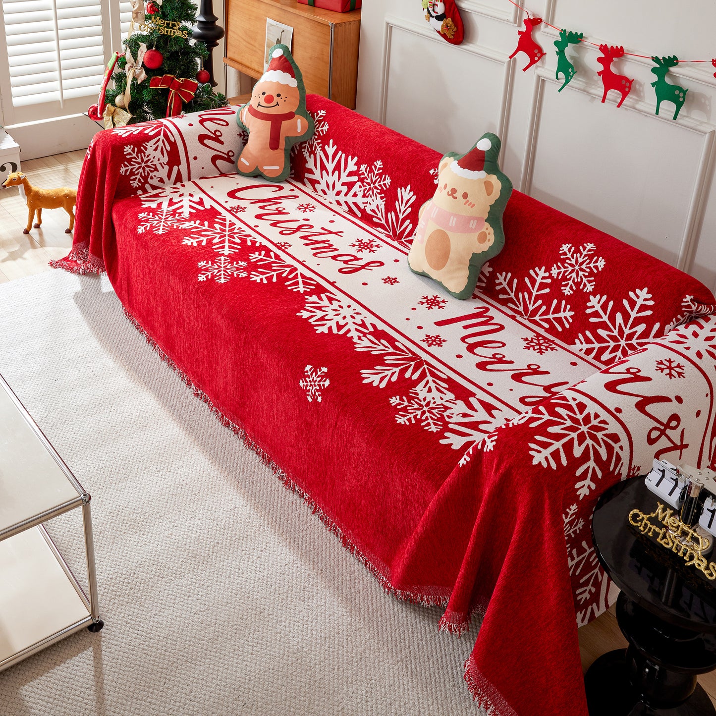 Merry Christmas Cozy Chenille Couch Cover Blanket, Non Slip Sofa Cover, Furniture Covers for Pets