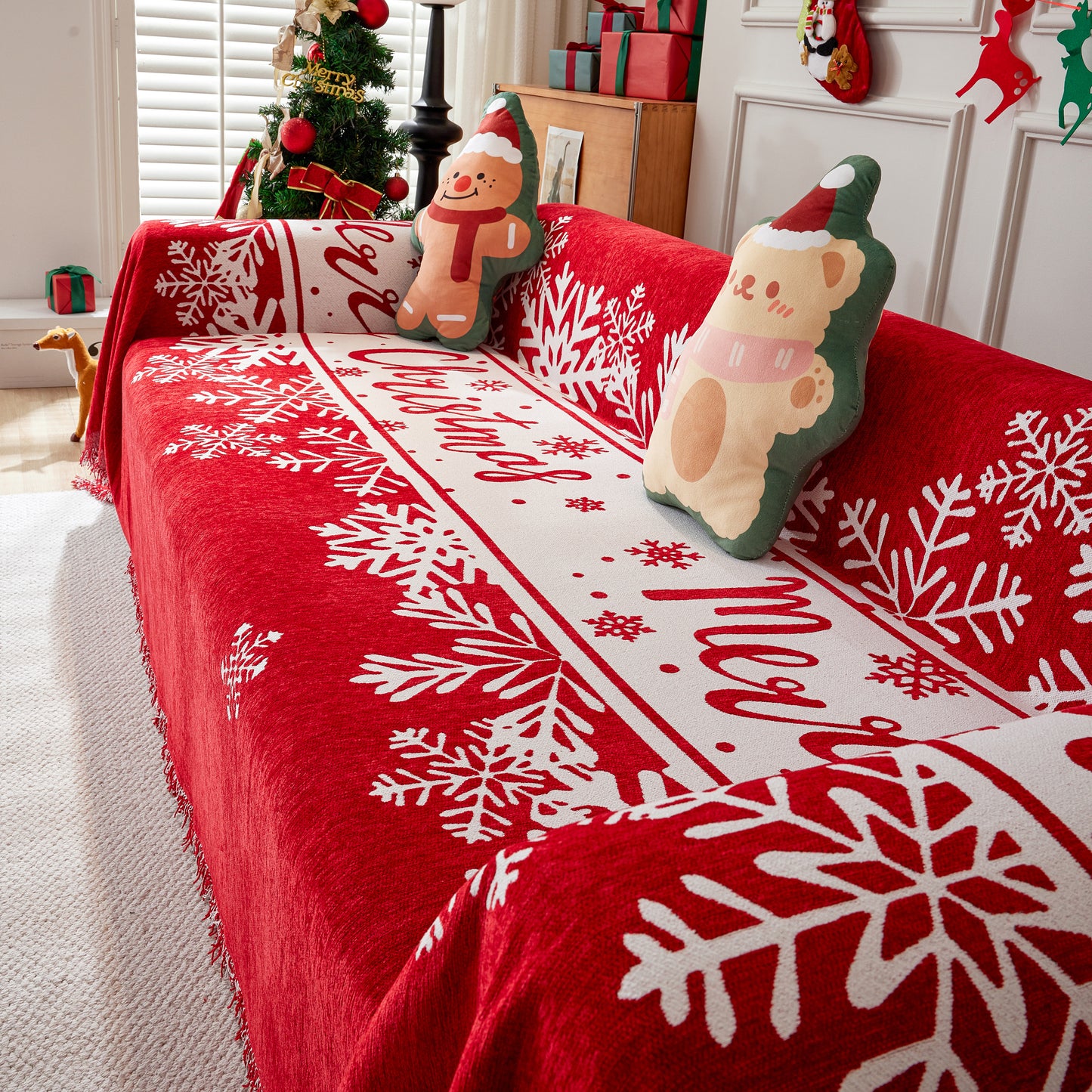 Merry Christmas Cozy Chenille Couch Cover Blanket, Non Slip Sofa Cover, Furniture Covers for Pets