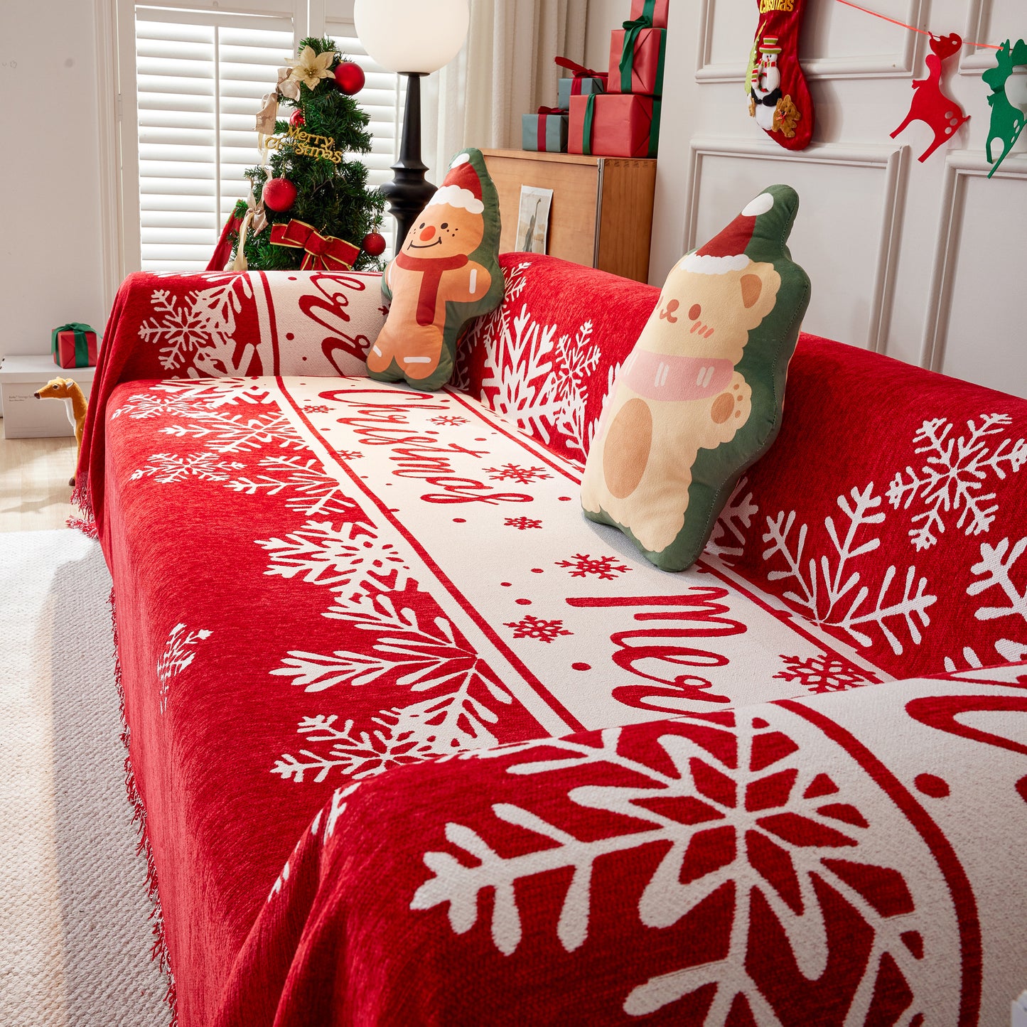 Merry Christmas Cozy Chenille Couch Cover Blanket, Non Slip Sofa Cover, Furniture Covers for Pets