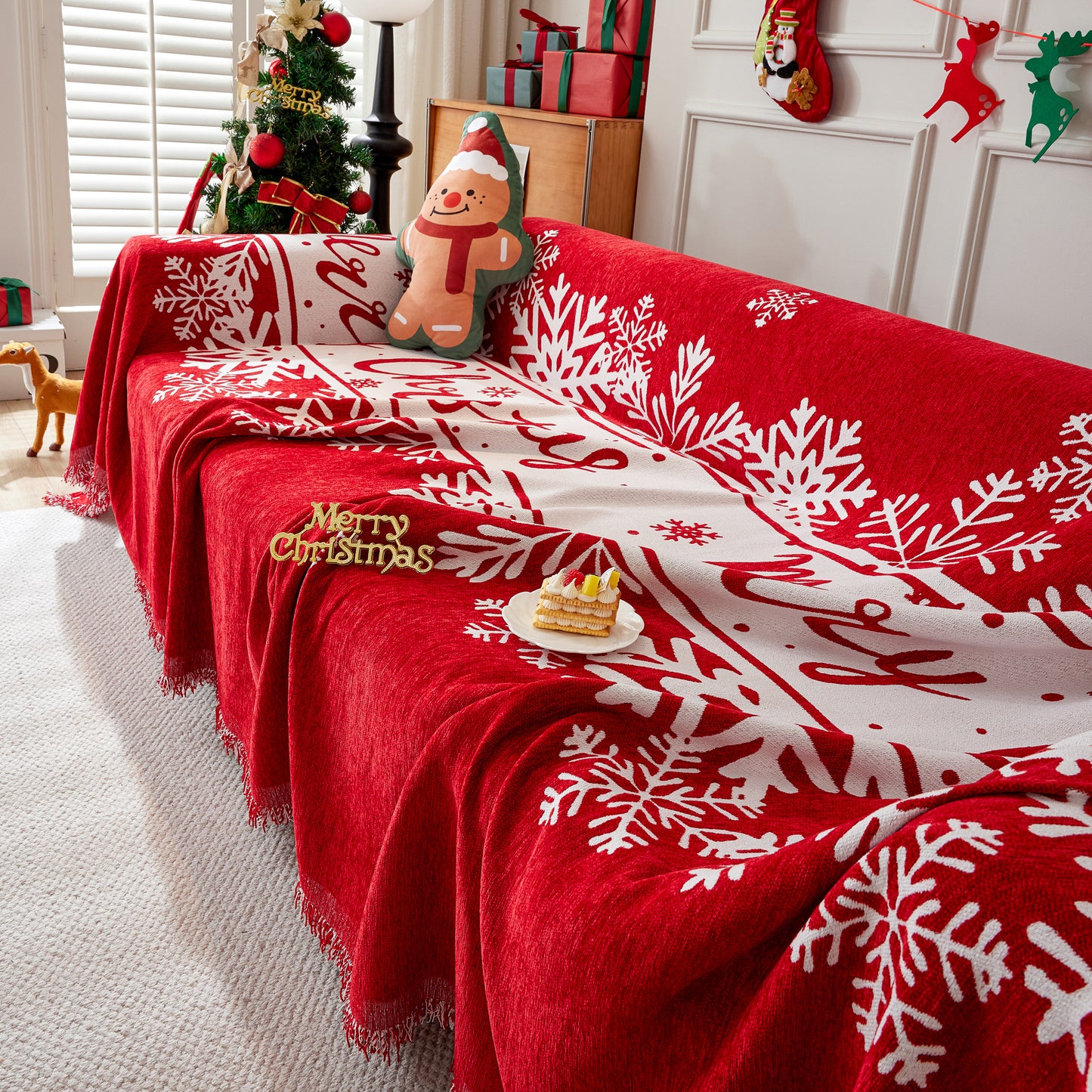 Merry Christmas Cozy Chenille Couch Cover Blanket, Non Slip Sofa Cover, Furniture Covers for Pets