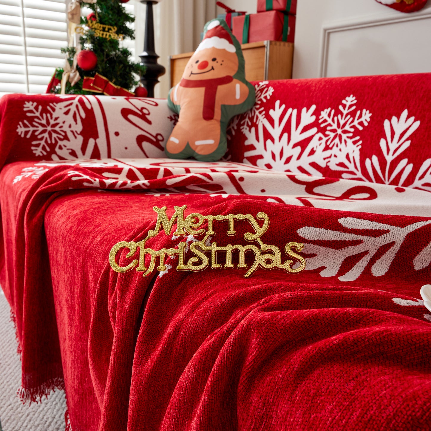 Merry Christmas Cozy Chenille Couch Cover Blanket, Non Slip Sofa Cover, Furniture Covers for Pets