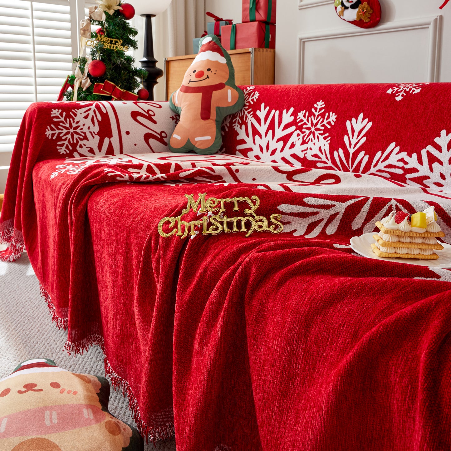 Merry Christmas Cozy Chenille Couch Cover Blanket, Non Slip Sofa Cover, Furniture Covers for Pets