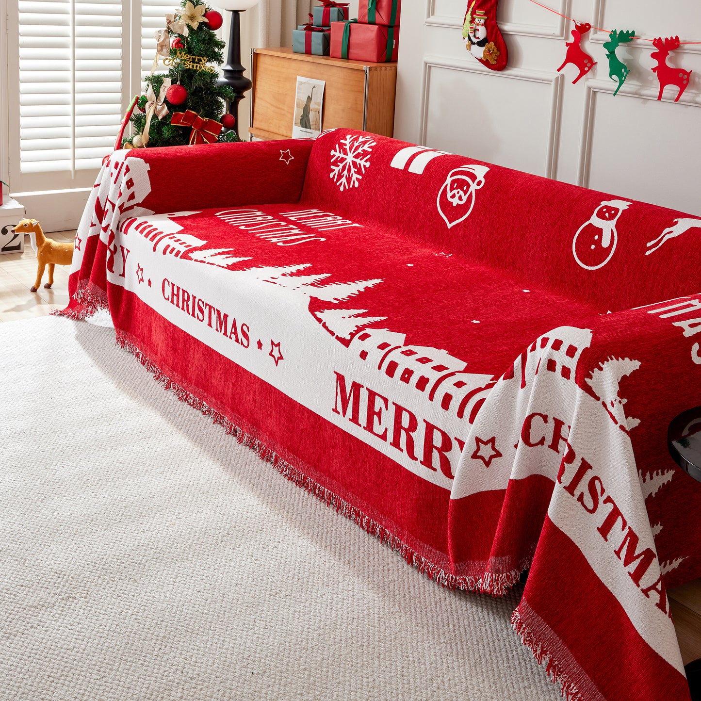 Merry Christmas Cozy Chenille Couch Cover Blanket, Non Slip Sofa Cover, Furniture Covers for Pets