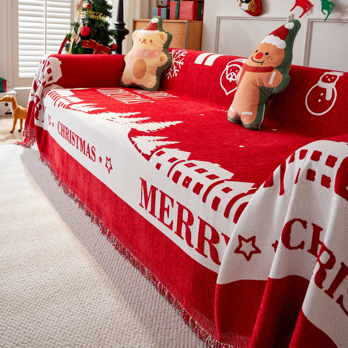 Merry Christmas Cozy Chenille Couch Cover Blanket, Non Slip Sofa Cover, Furniture Covers for Pets