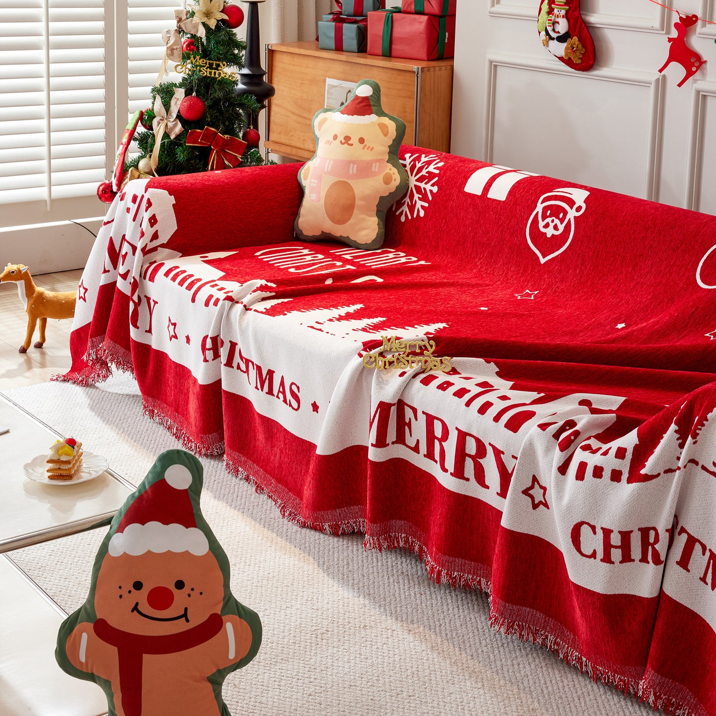 Merry Christmas Cozy Chenille Couch Cover Blanket, Non Slip Sofa Cover, Furniture Covers for Pets