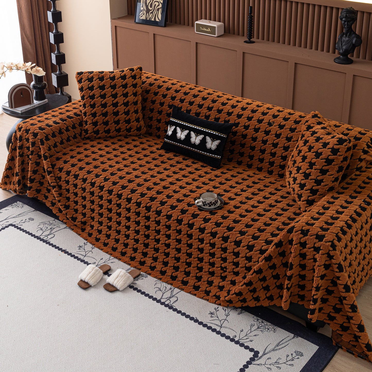 Jacquard Fleece Houndstooth Warm Cozy Couch Cover Blanket Decorative Throws for Sofas