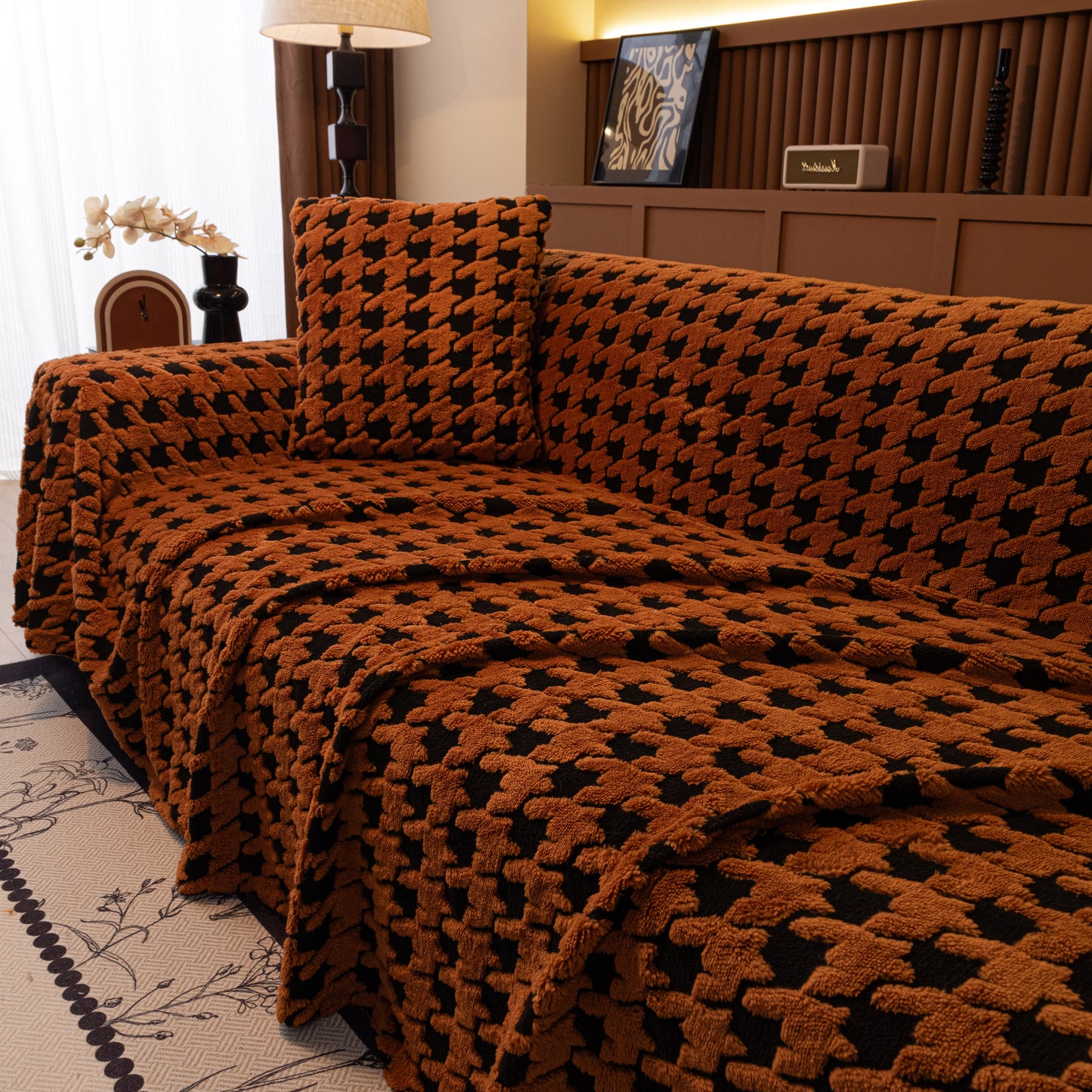 Jacquard Fleece Houndstooth Warm Cozy Couch Cover Blanket Decorative Throws for Sofas