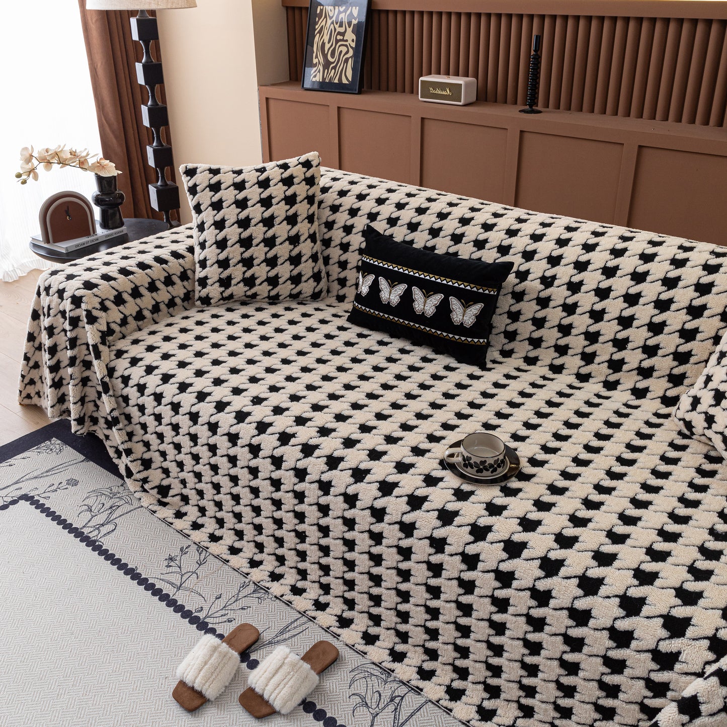 Jacquard Fleece Houndstooth Warm Cozy Couch Cover Blanket Decorative Throws for Sofas