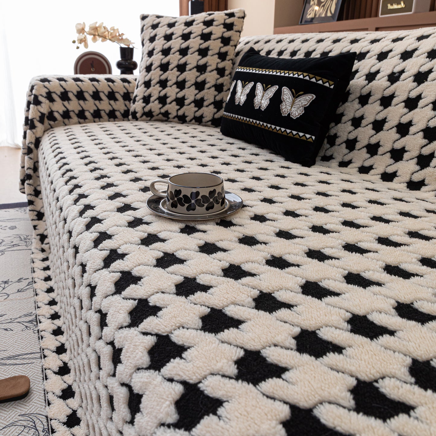 Jacquard Fleece Houndstooth Warm Cozy Couch Cover Blanket Decorative Throws for Sofas