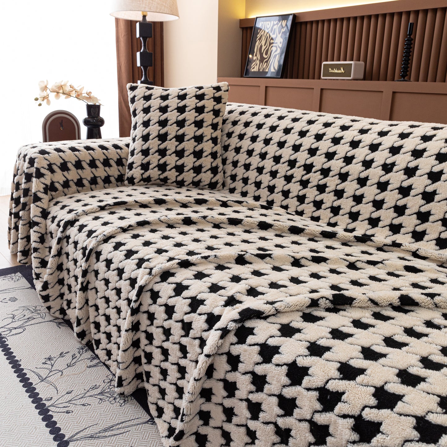 Jacquard Fleece Houndstooth Warm Cozy Couch Cover Blanket Decorative Throws for Sofas