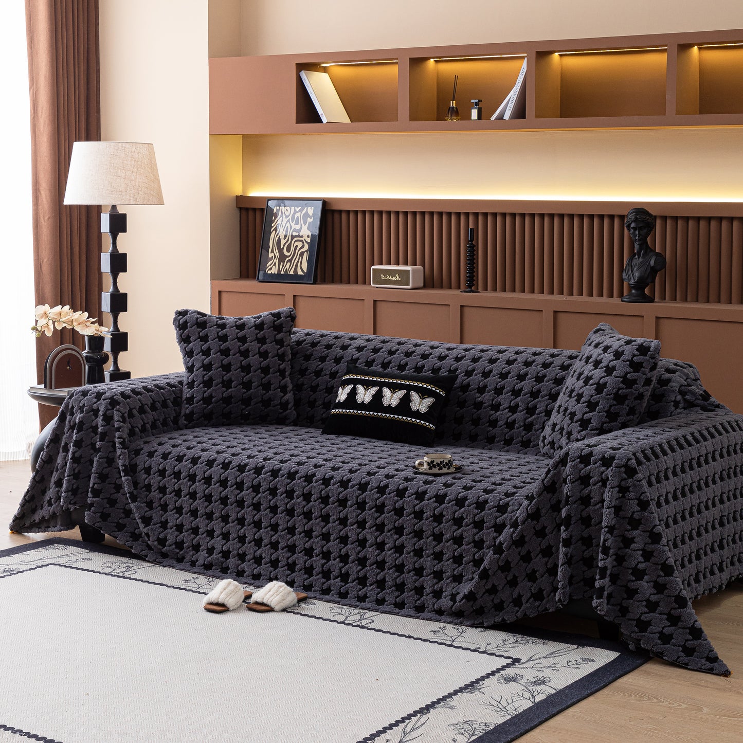 Jacquard Fleece Houndstooth Warm Cozy Couch Cover Blanket Decorative Throws for Sofas