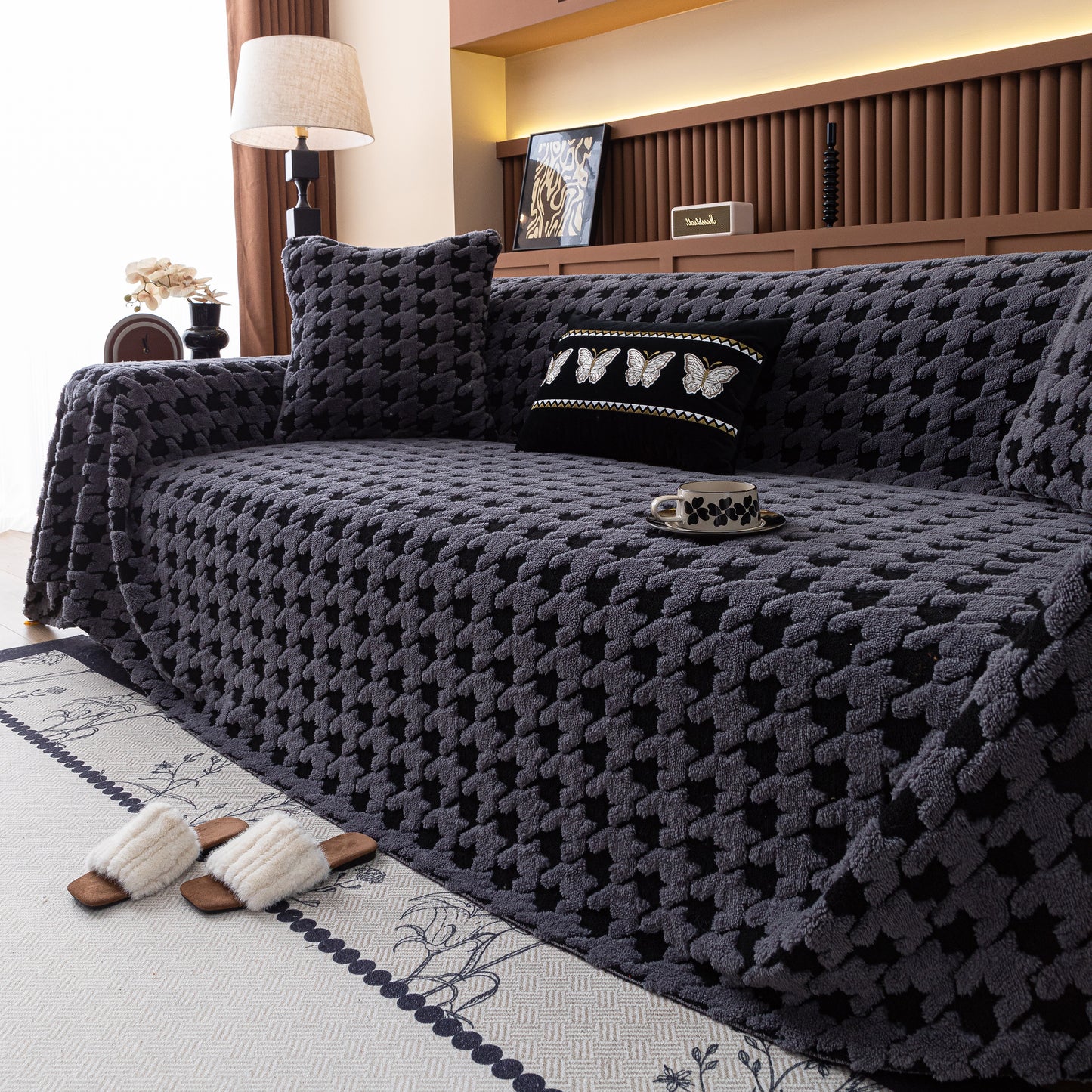 Jacquard Fleece Houndstooth Warm Cozy Couch Cover Blanket Decorative Throws for Sofas