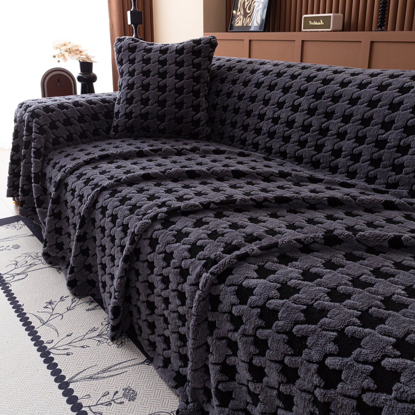 Jacquard Fleece Houndstooth Warm Cozy Couch Cover Blanket Decorative Throws for Sofas